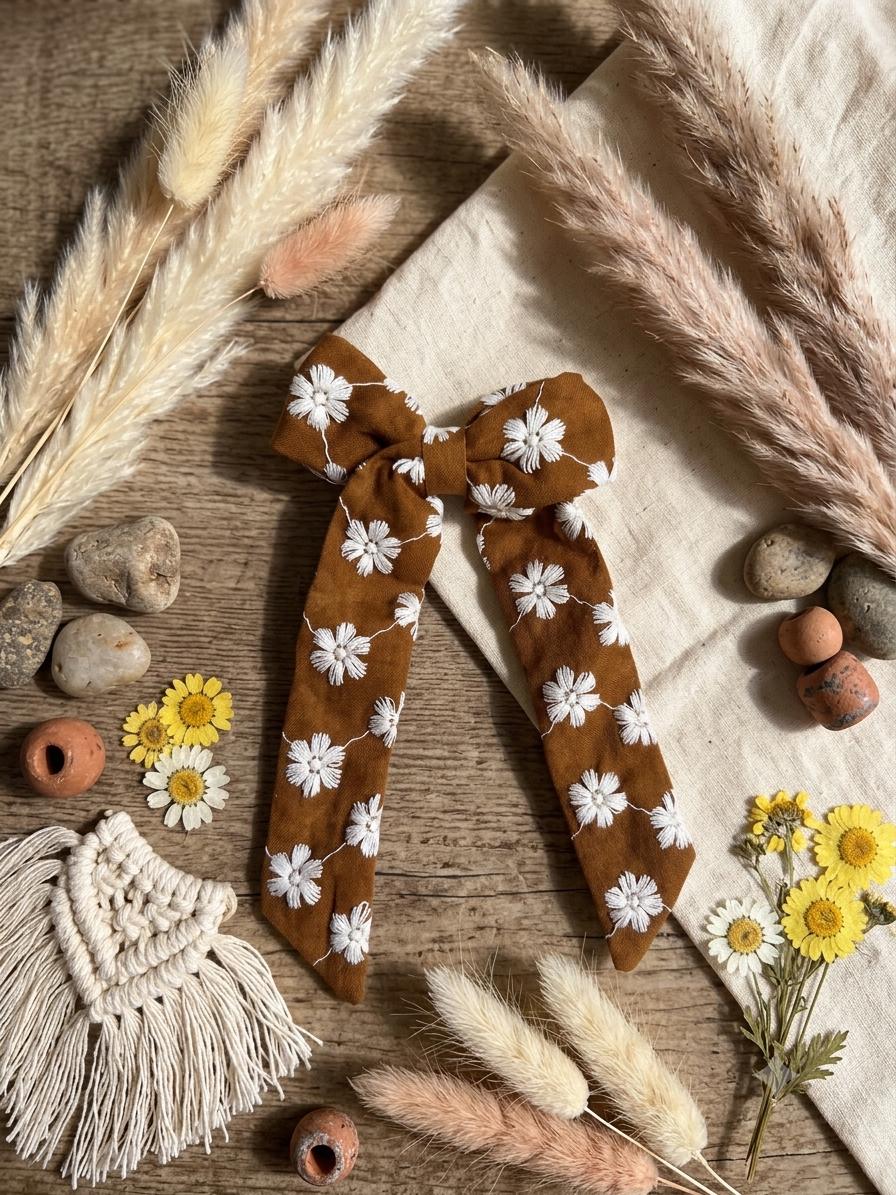 Handmade Kids Rust Brown Daisy Embroidered Hair Bow Long Tail Clip, view 7