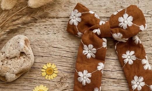 Handmade Kids Rust Brown Daisy Embroidered Hair Bow Long Tail Clip, view 8