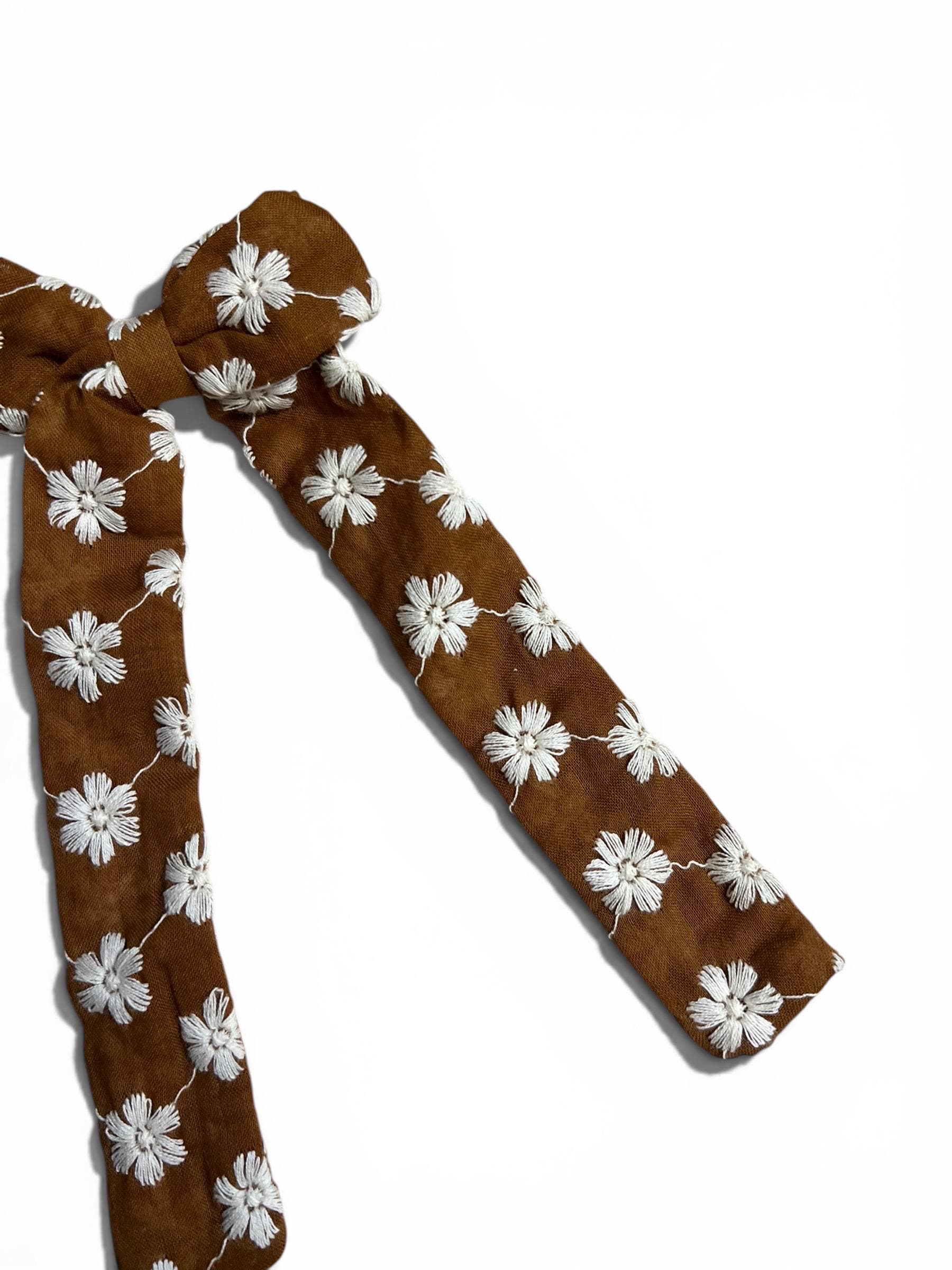 Handmade Kids Rust Brown Daisy Embroidered Hair Bow Long Tail Clip, view 9