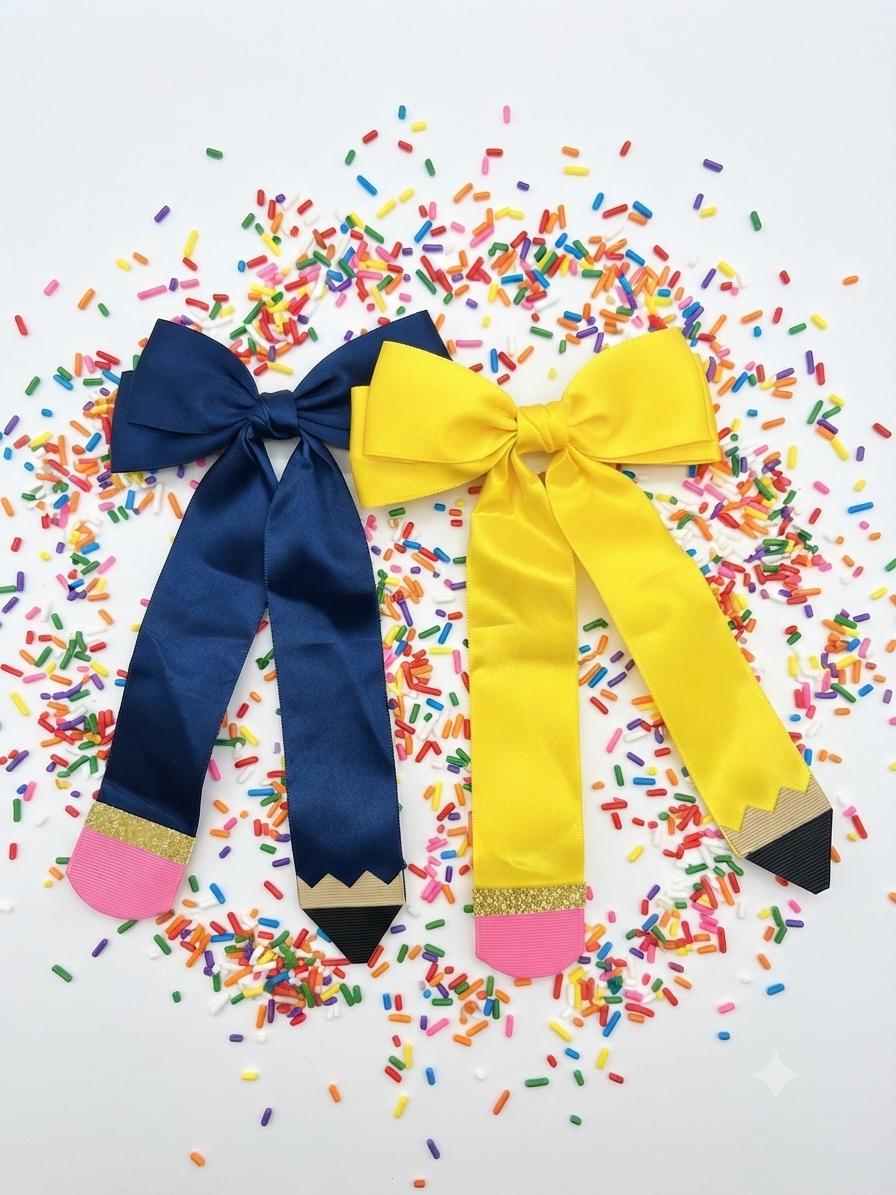Handmade Navy Blue & yellow Pencil Hair Bow Back to School Clip