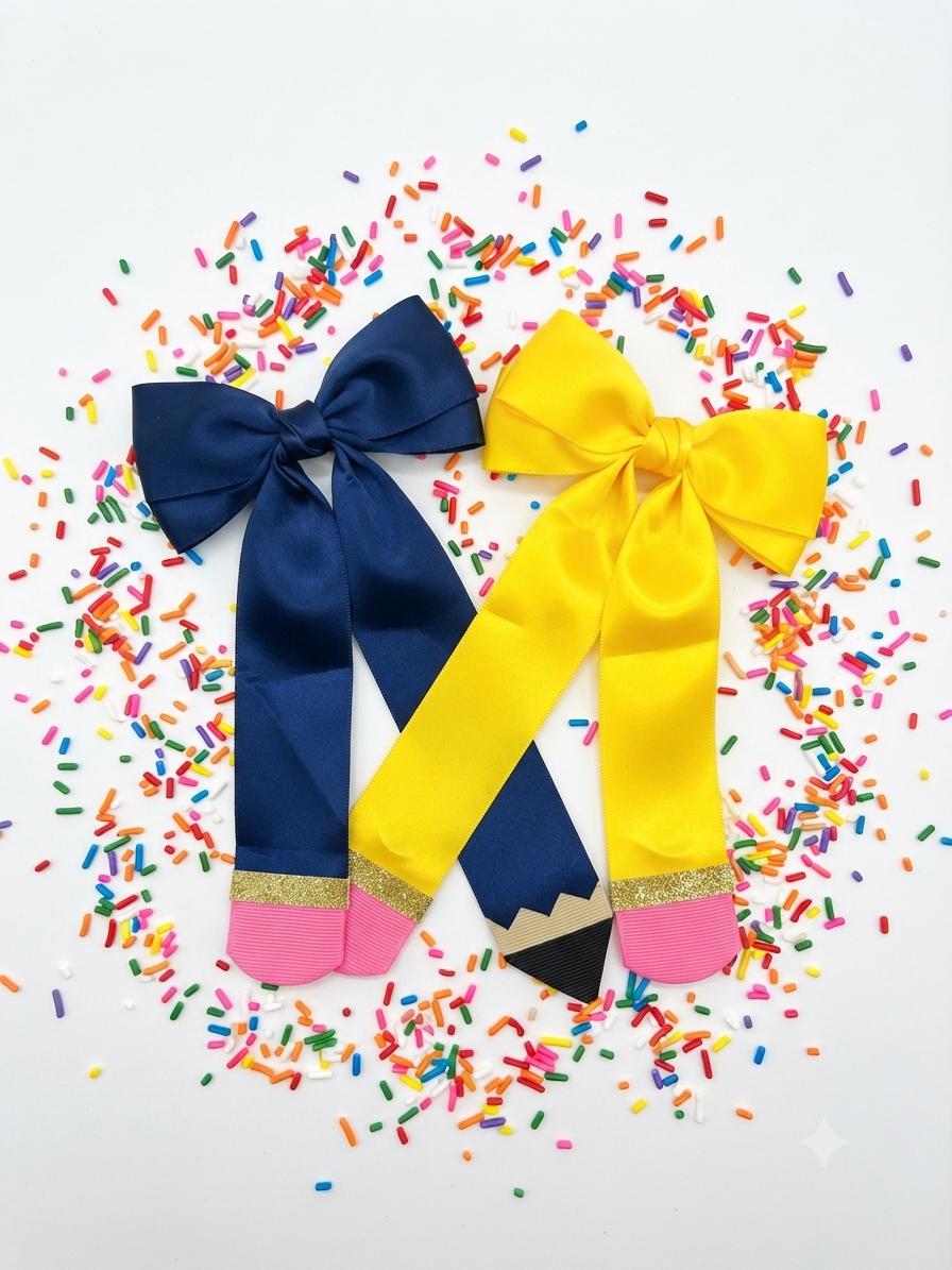 Handmade Navy Blue & yellow Pencil Hair Bow Back to School Clip, view 10