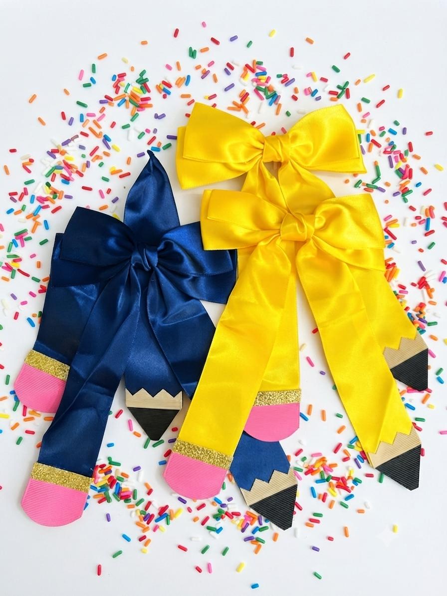 Handmade Navy Blue & yellow Pencil Hair Bow Back to School Clip, view 11