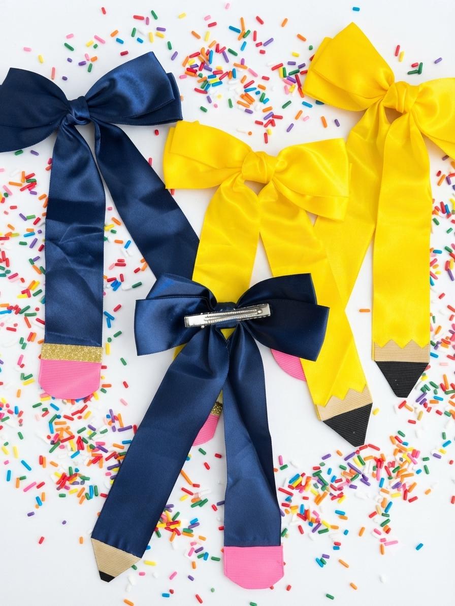 Handmade Navy Blue & yellow Pencil Hair Bow Back to School Clip, view 12