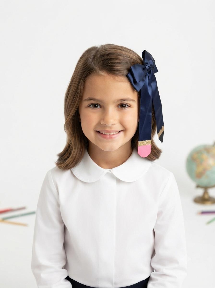 Handmade Navy Blue & yellow Pencil Hair Bow Back to School Clip, view 2