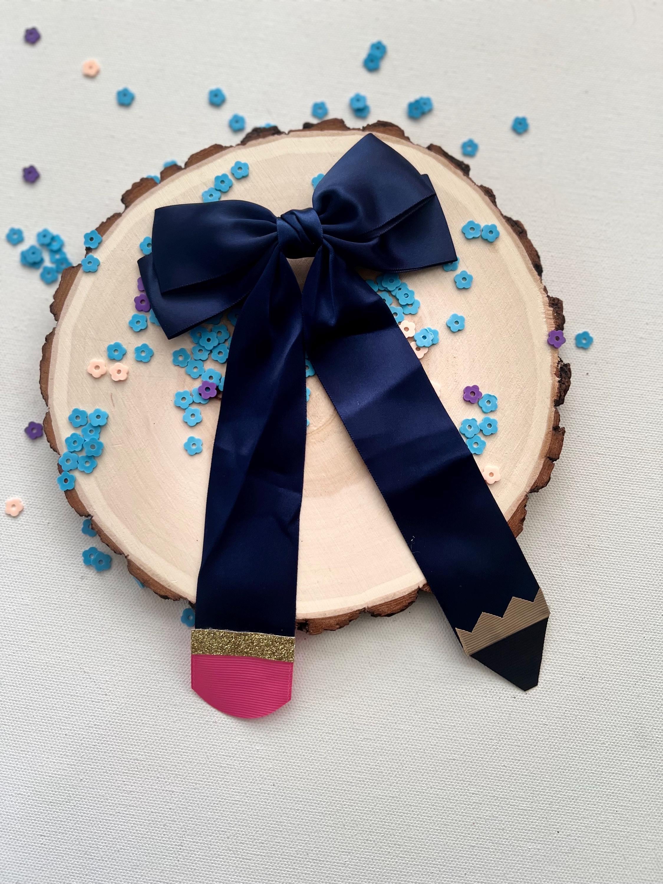Handmade Navy Blue & yellow Pencil Hair Bow Back to School Clip, view 3