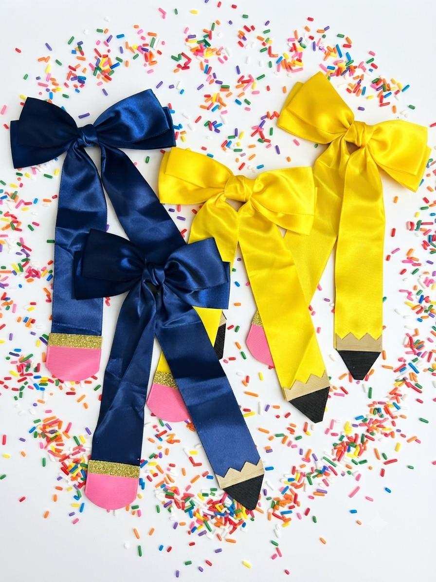 Handmade Navy Blue & yellow Pencil Hair Bow Back to School Clip, view 4