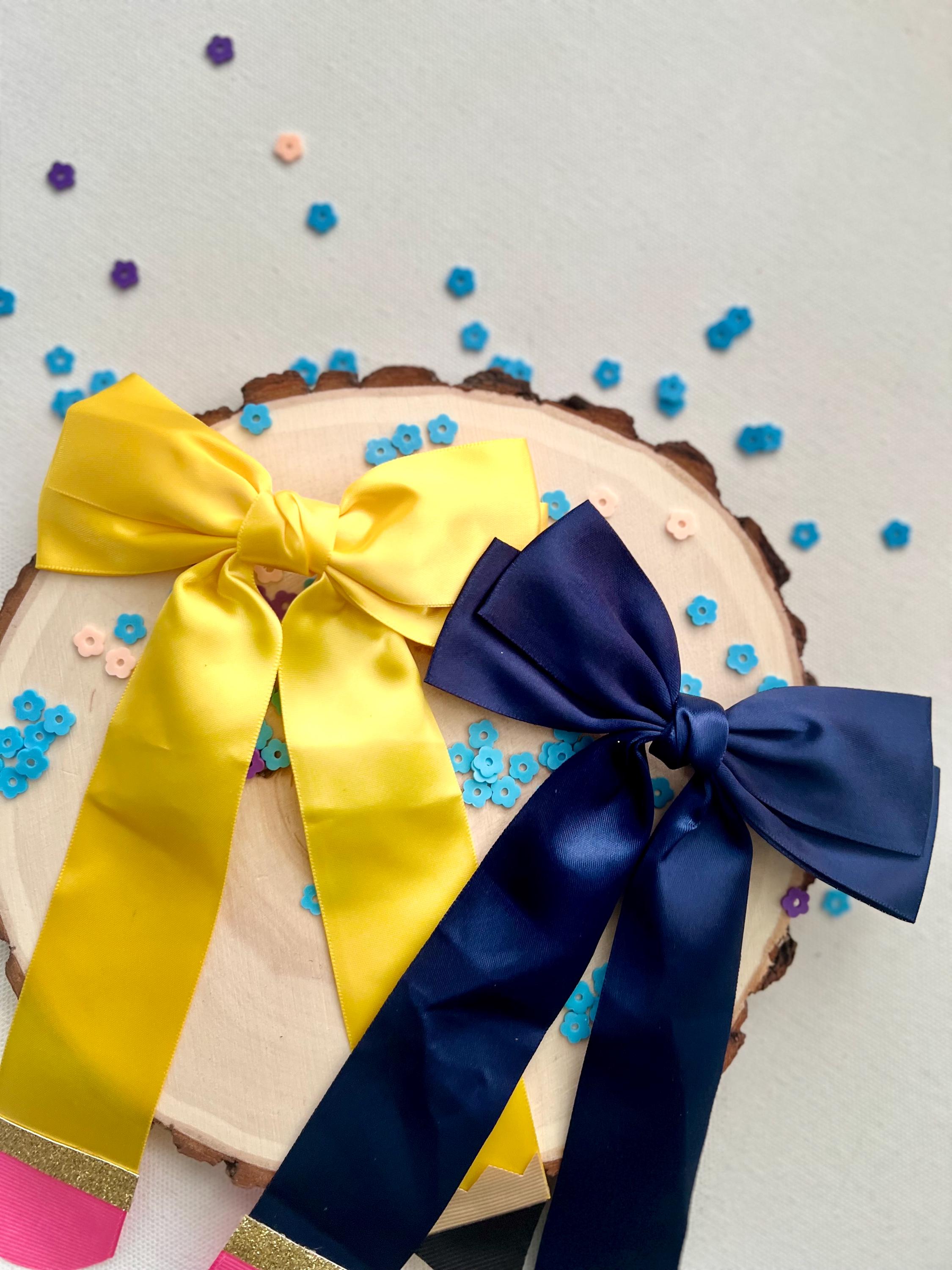 Handmade Navy Blue & yellow Pencil Hair Bow Back to School Clip, view 5