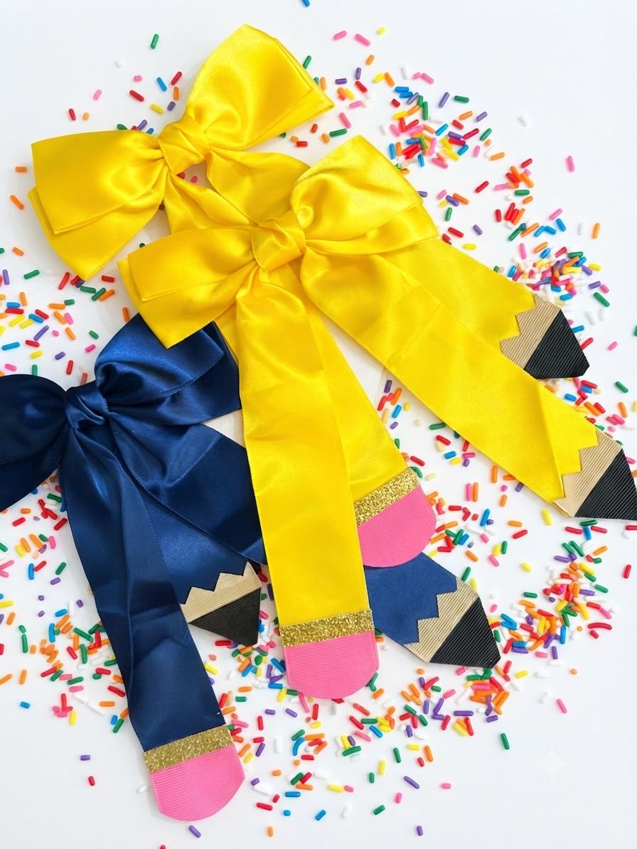 Handmade Navy Blue & yellow Pencil Hair Bow Back to School Clip, view 6