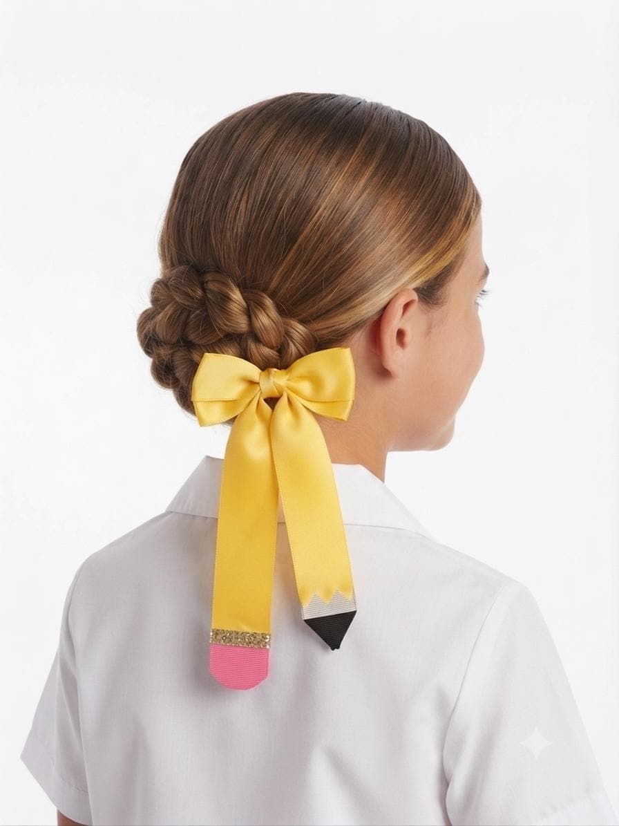 Handmade Navy Blue & yellow Pencil Hair Bow Back to School Clip, view 8
