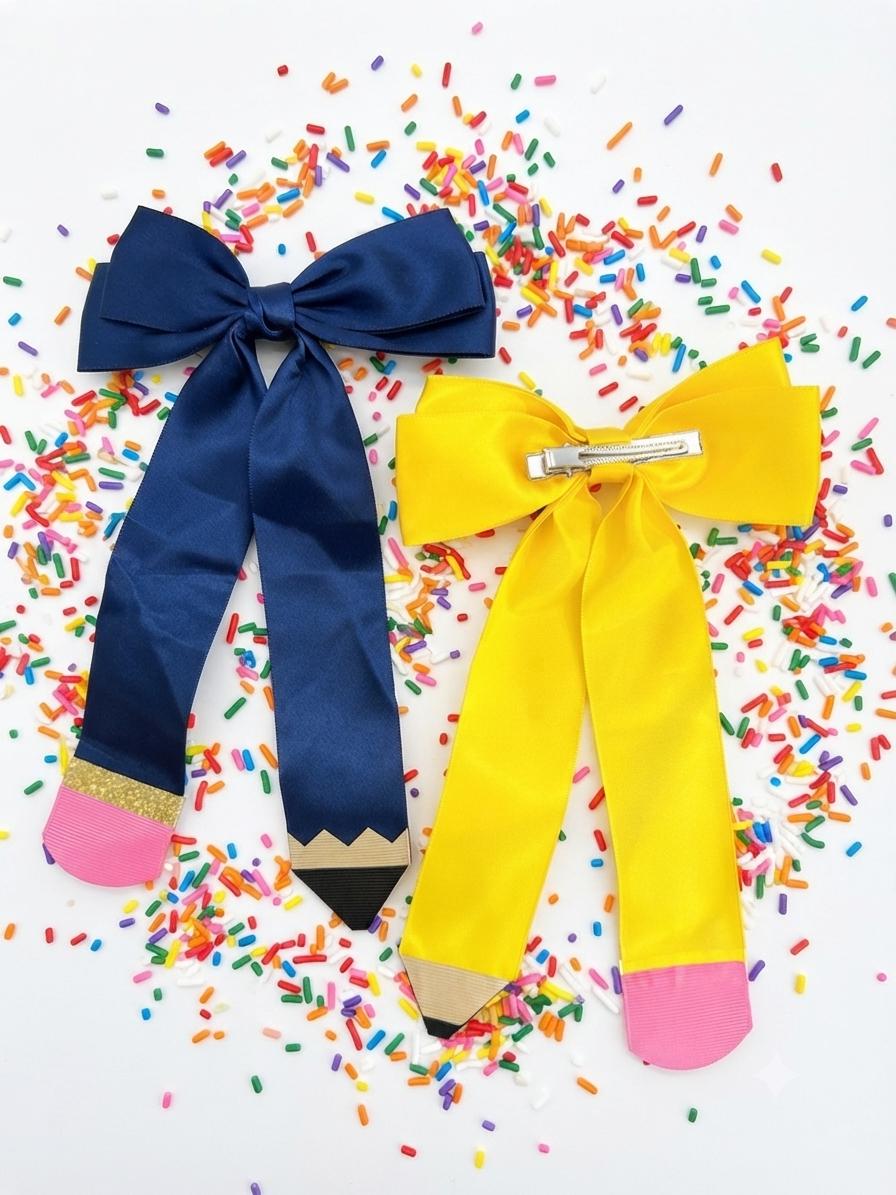 Handmade Navy Blue & yellow Pencil Hair Bow Back to School Clip, view 9