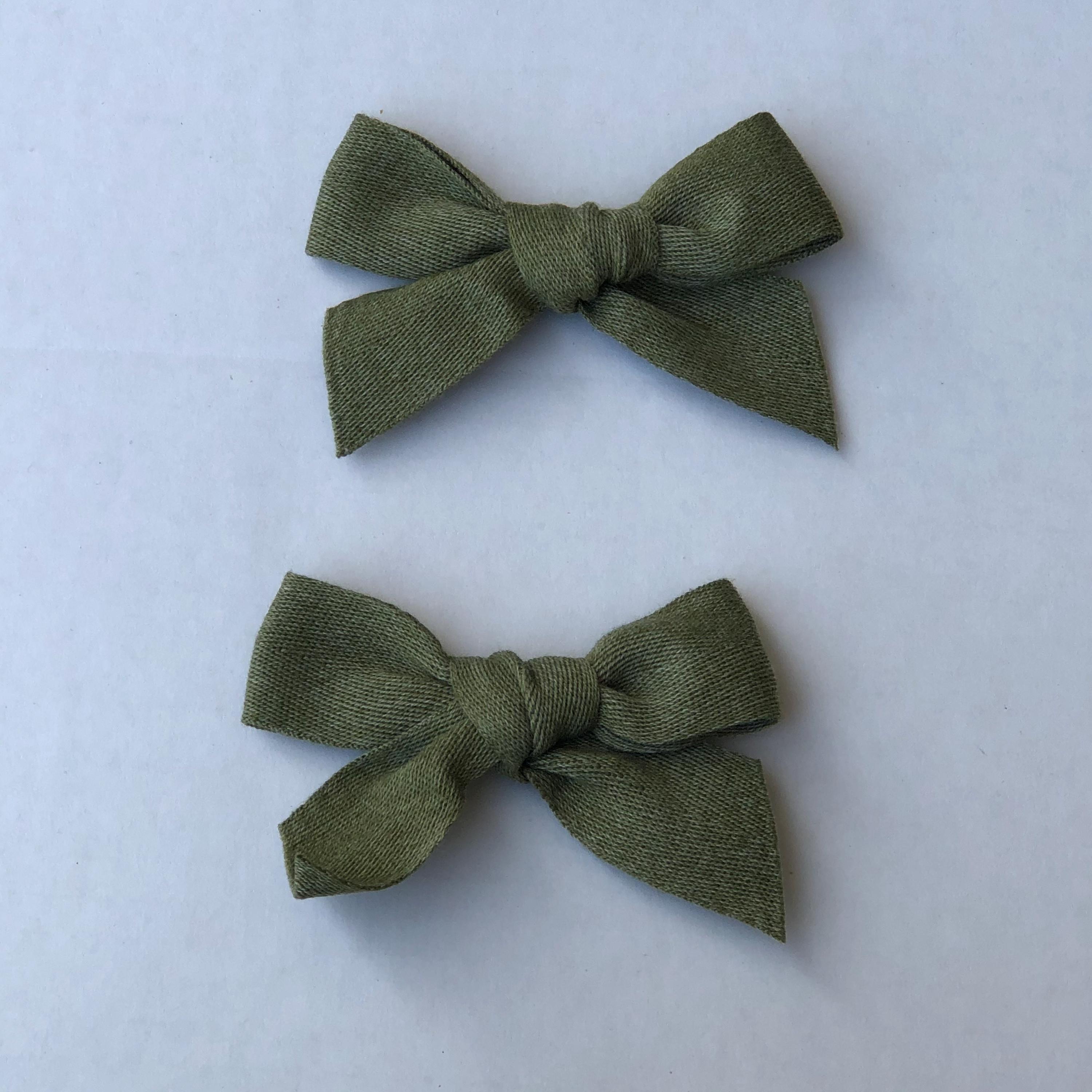 Handmade Olive Green Cotton Hair Bows, view 2