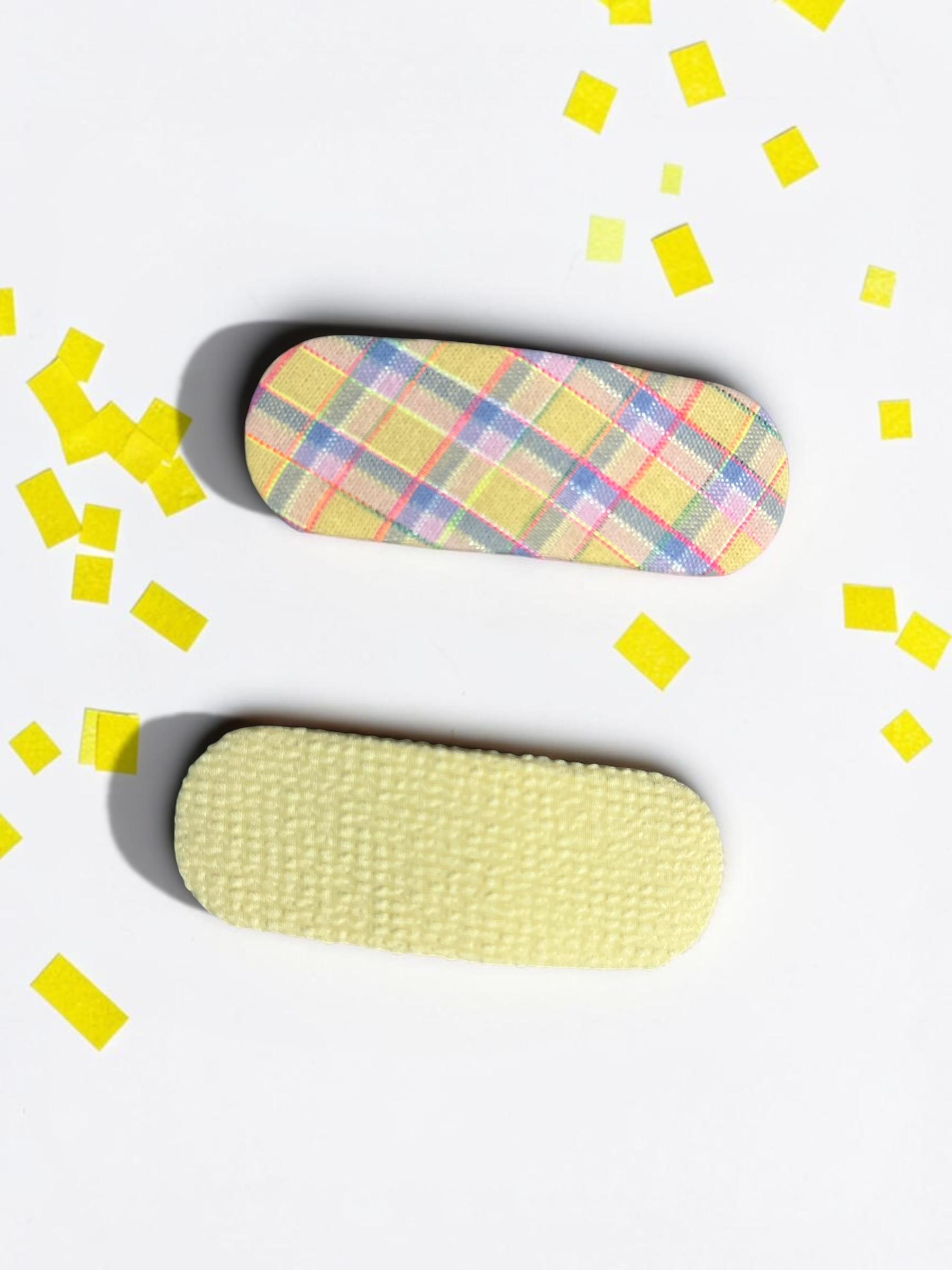 Handmade Pastel Plaid & Yellow Fabric Snap Hair Clips Set 2 PC, view 2