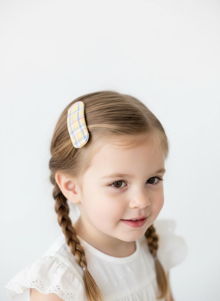 Handmade Pastel Plaid & Yellow Fabric Snap Hair Clips Set 2 PC, view 4