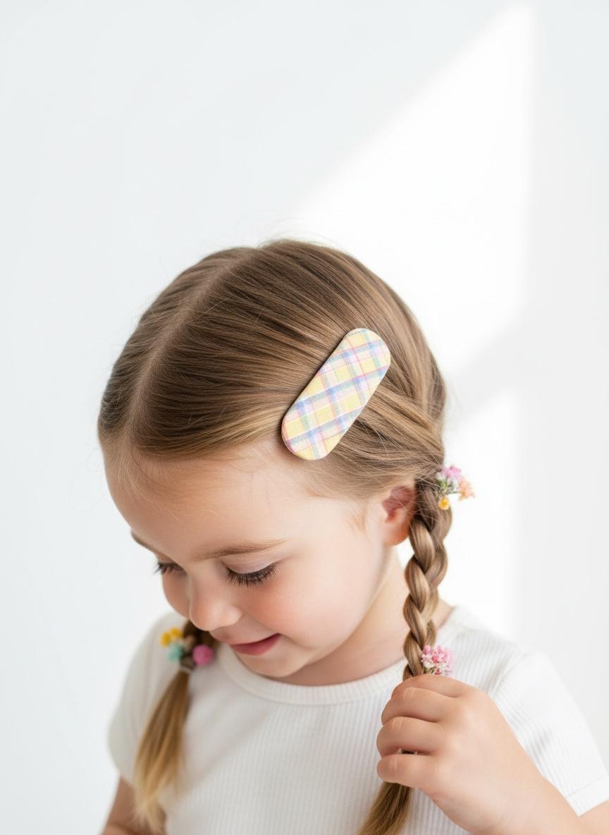 Handmade Pastel Plaid & Yellow Fabric Snap Hair Clips Set 2 PC, view 6