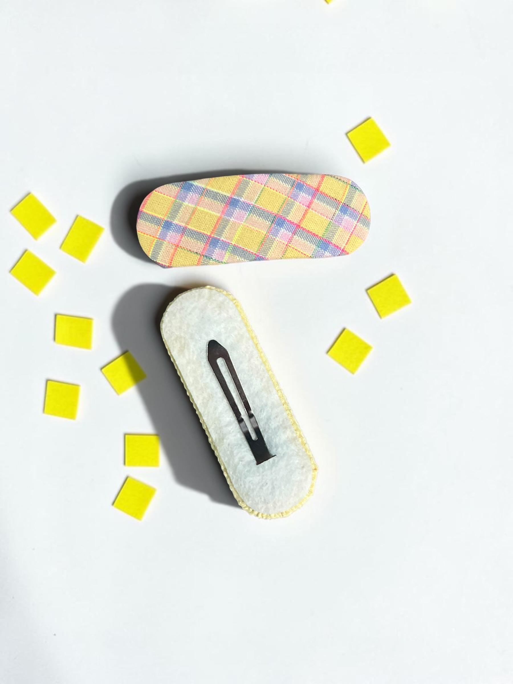 Handmade Pastel Plaid & Yellow Fabric Snap Hair Clips Set 2 PC, view 7
