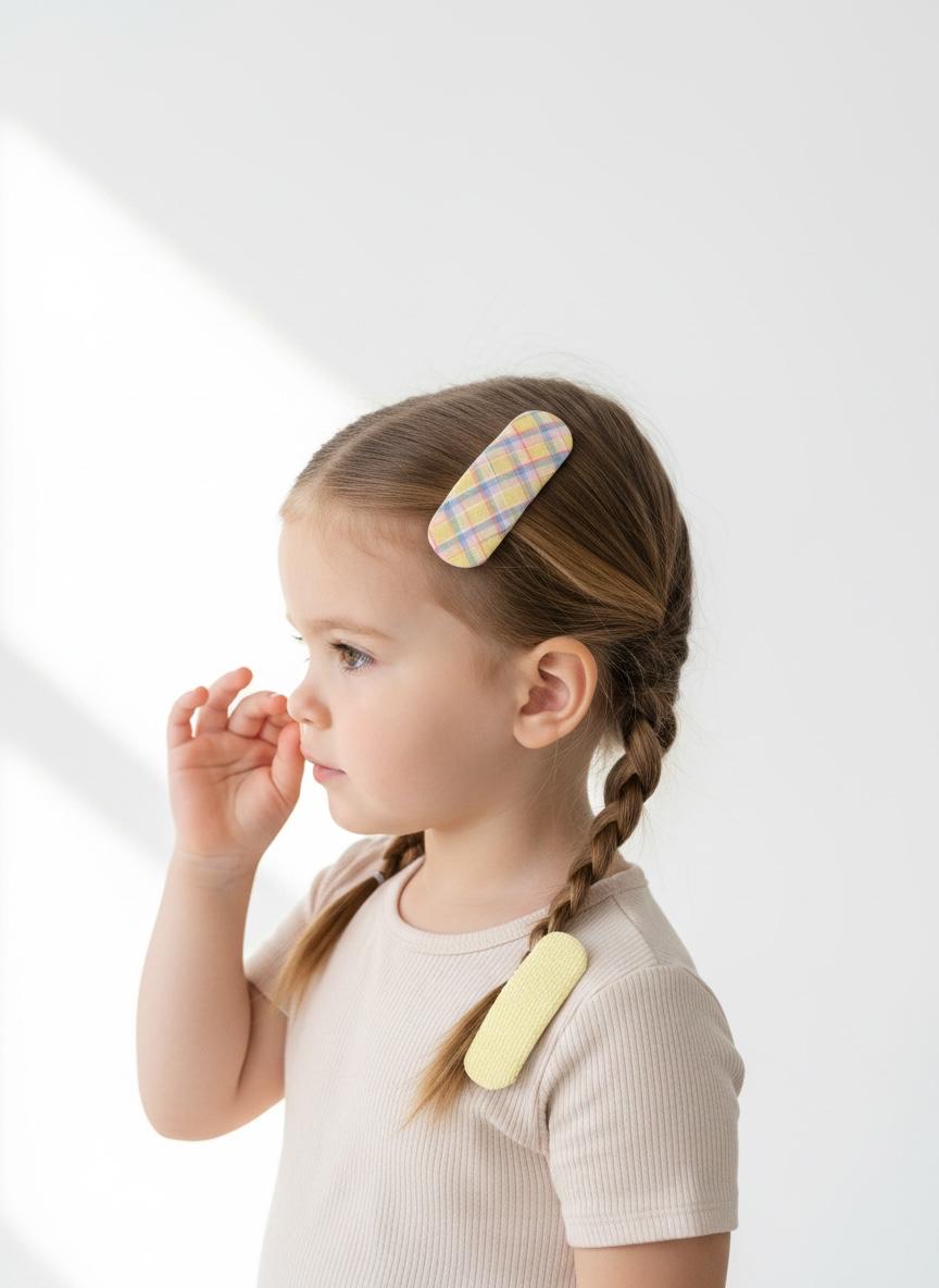 Handmade Pastel Plaid & Yellow Fabric Snap Hair Clips Set 2 PC, view 8