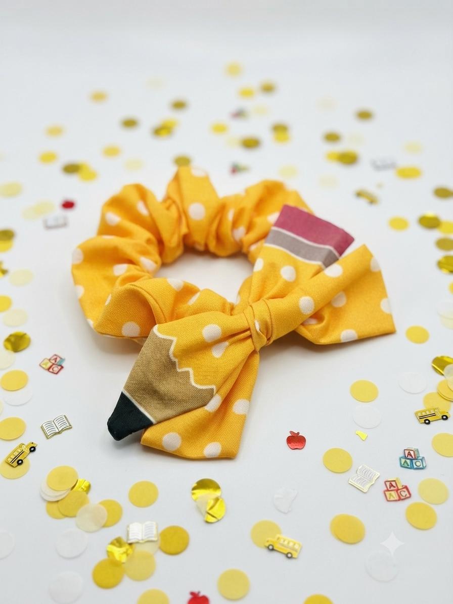 Handmade Pencil Bow Scrunchie Back to School Yellow Polka Dot For kids