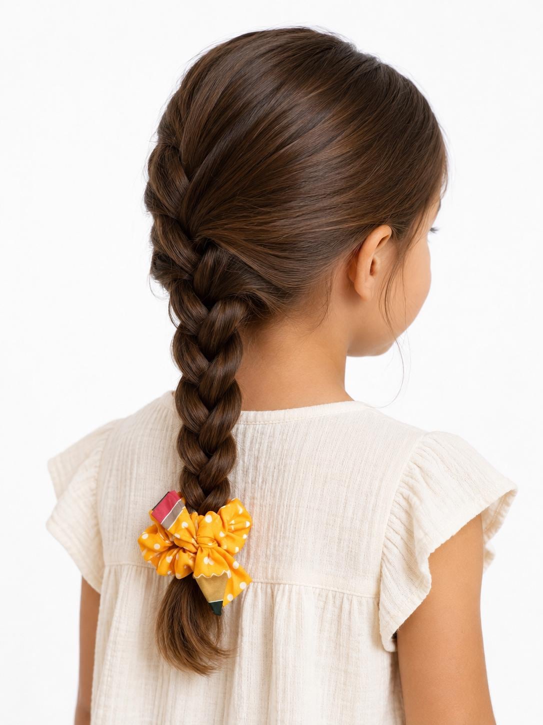 Handmade Pencil Bow Scrunchie Back to School Yellow Polka Dot For kids, view 2