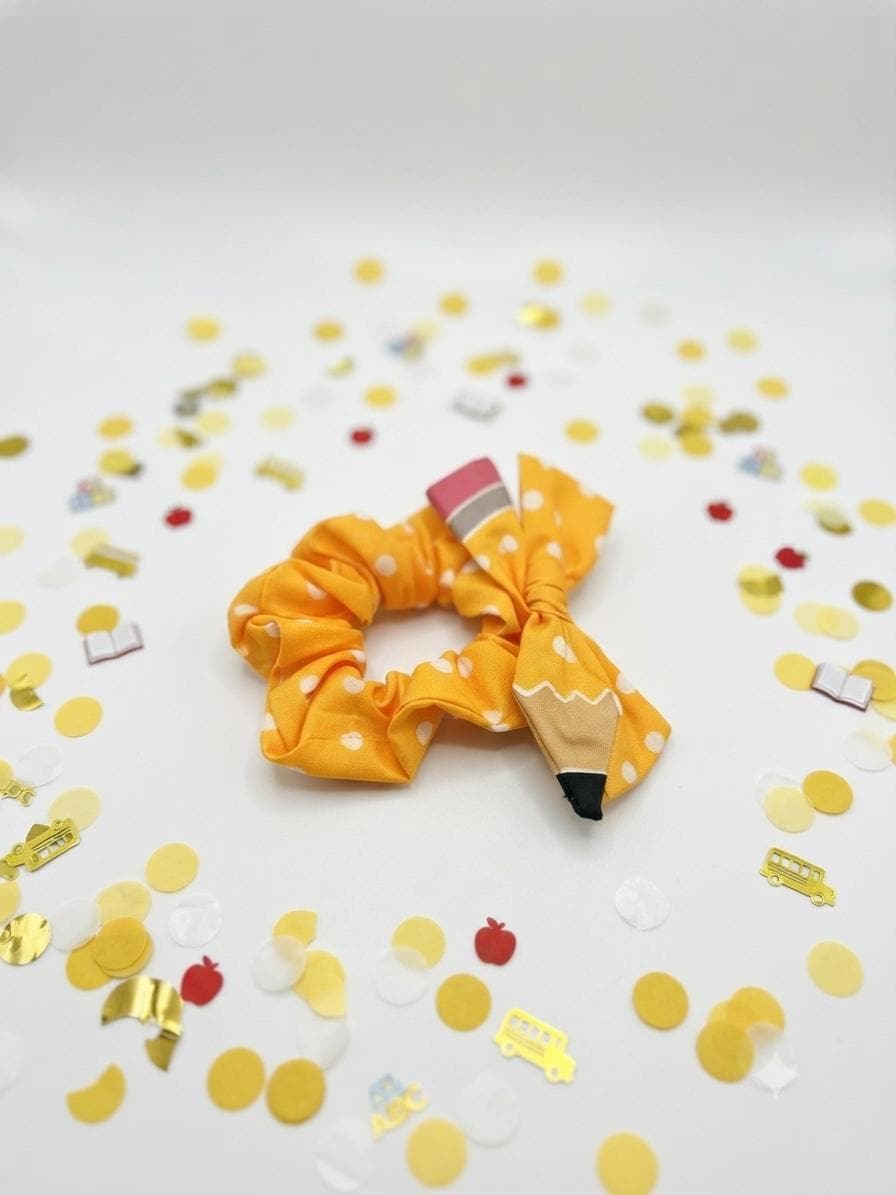 Handmade Pencil Bow Scrunchie Back to School Yellow Polka Dot For kids, view 3