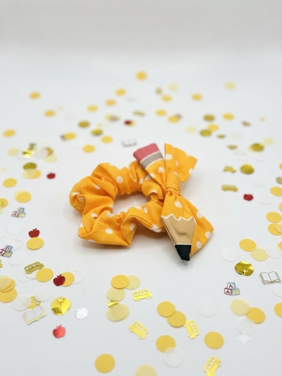Handmade Pencil Bow Scrunchie Back to School Yellow Polka Dot For kids, view 4