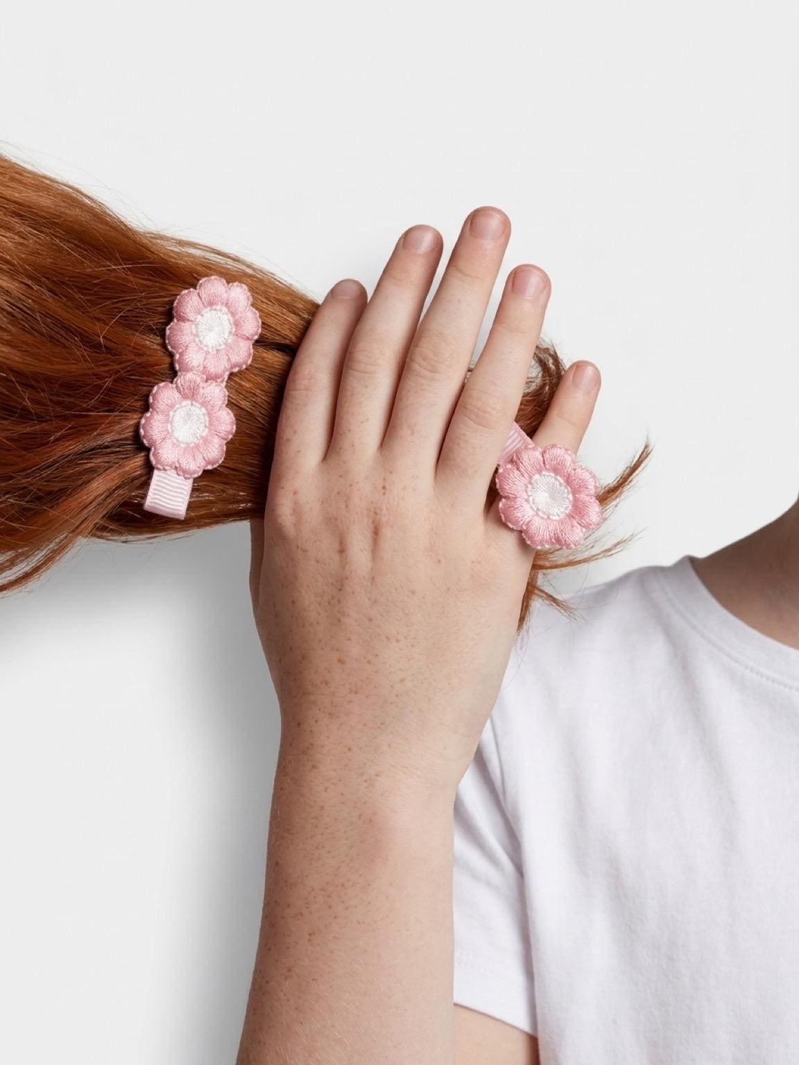 Handmade pink Flower Hair Clips | Floral Embroidered Barrettes, view 2