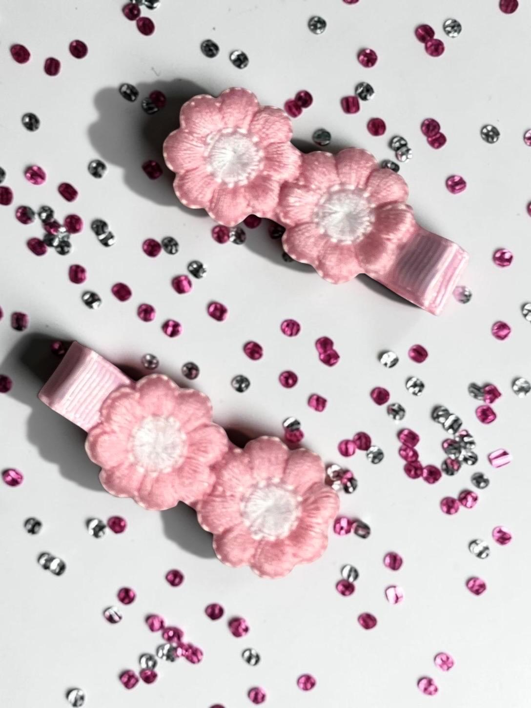Handmade pink Flower Hair Clips | Floral Embroidered Barrettes, view 4