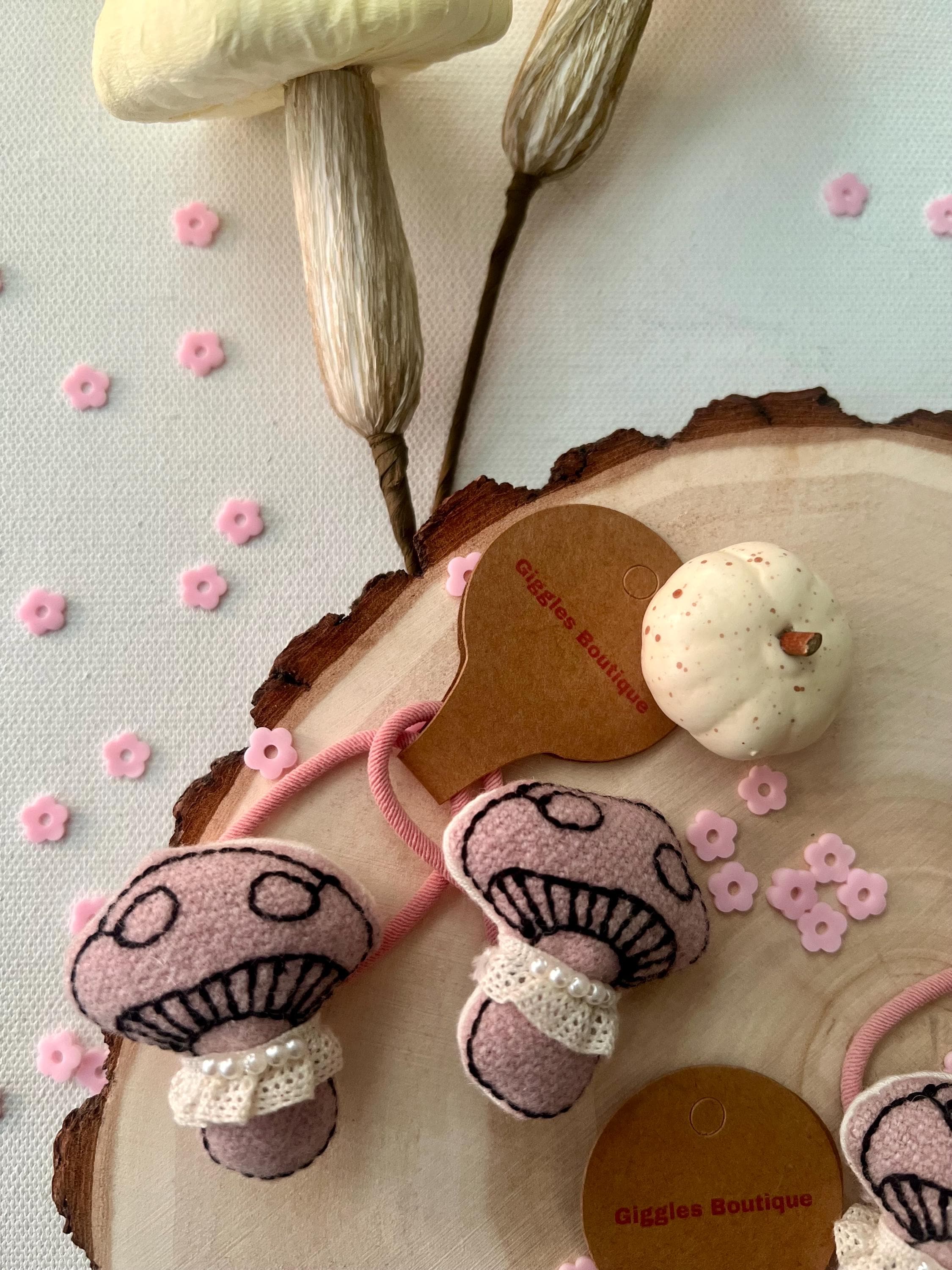 Handmade Pink Mushroom Hair Bow Ties with Pearl & Lace Collar – set of 2, view 10