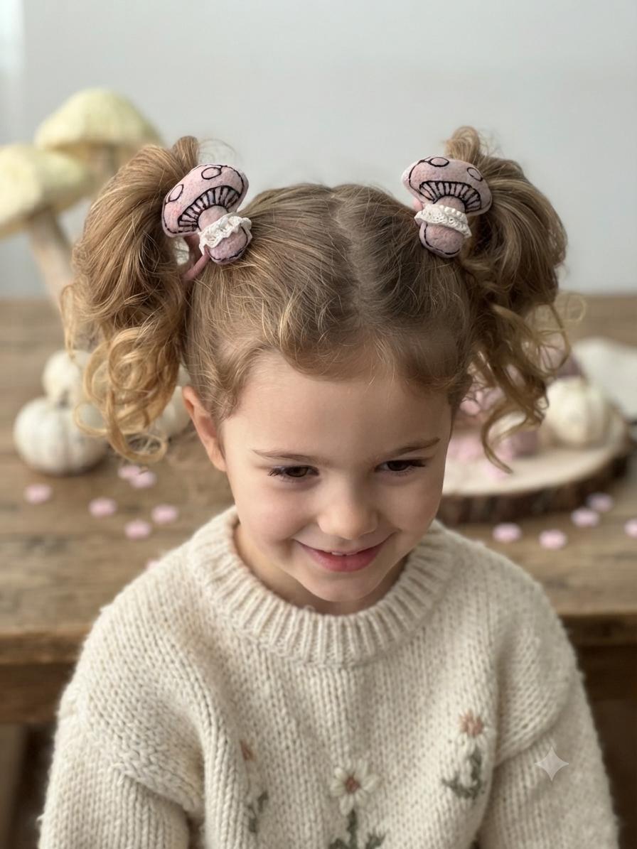 Handmade Pink Mushroom Hair Bow Ties with Pearl & Lace Collar – set of 2, view 5