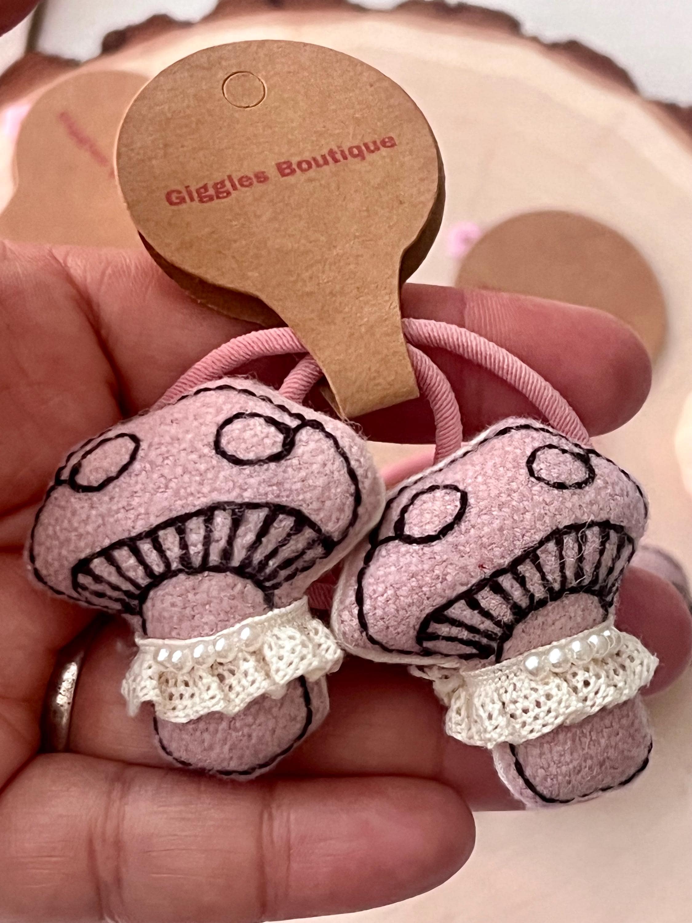 Handmade Pink Mushroom Hair Bow Ties with Pearl & Lace Collar – set of 2, view 6