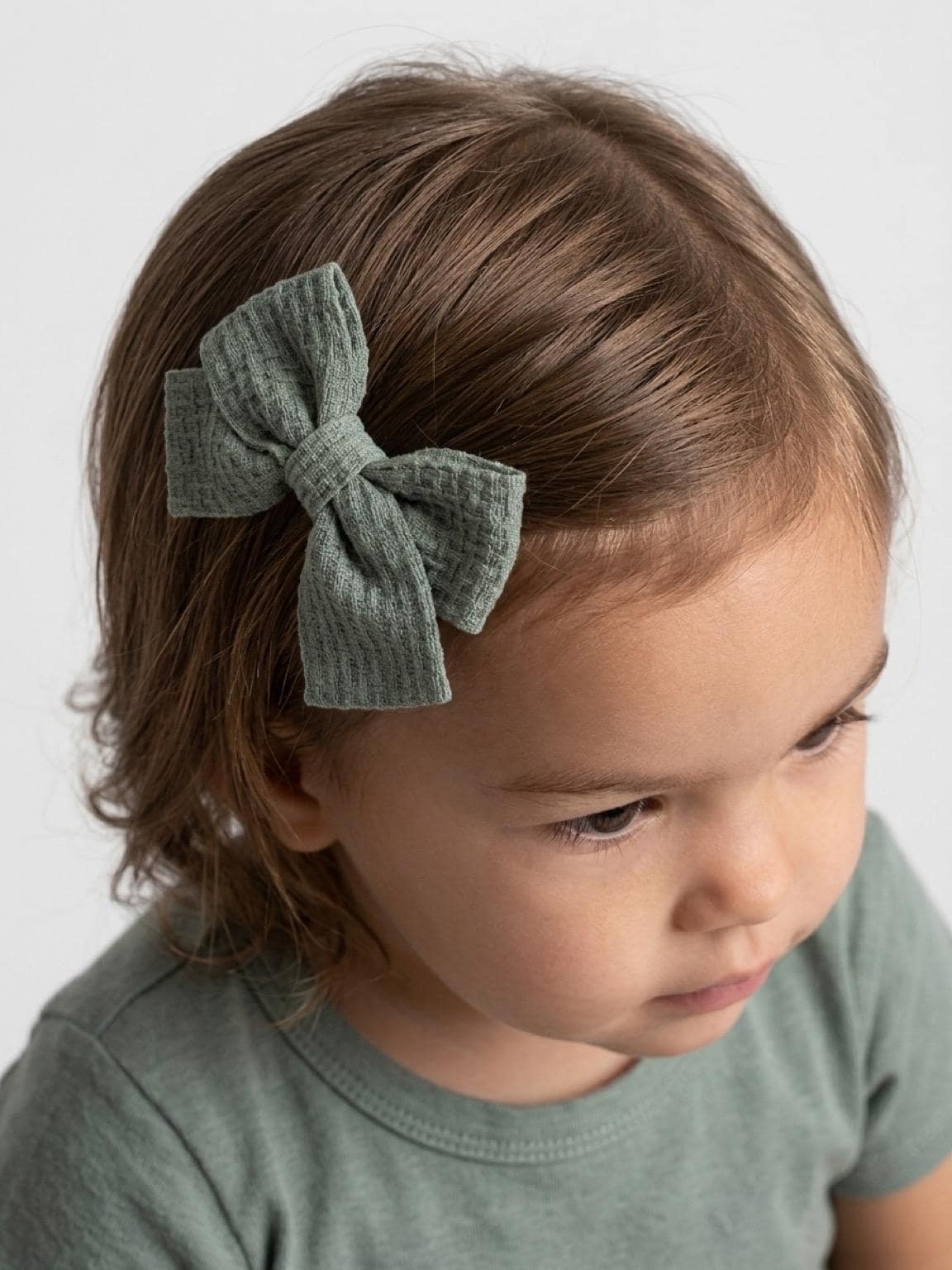 Handmade Sage Green Waffle Knit Hair Bow Clips Set of 2
