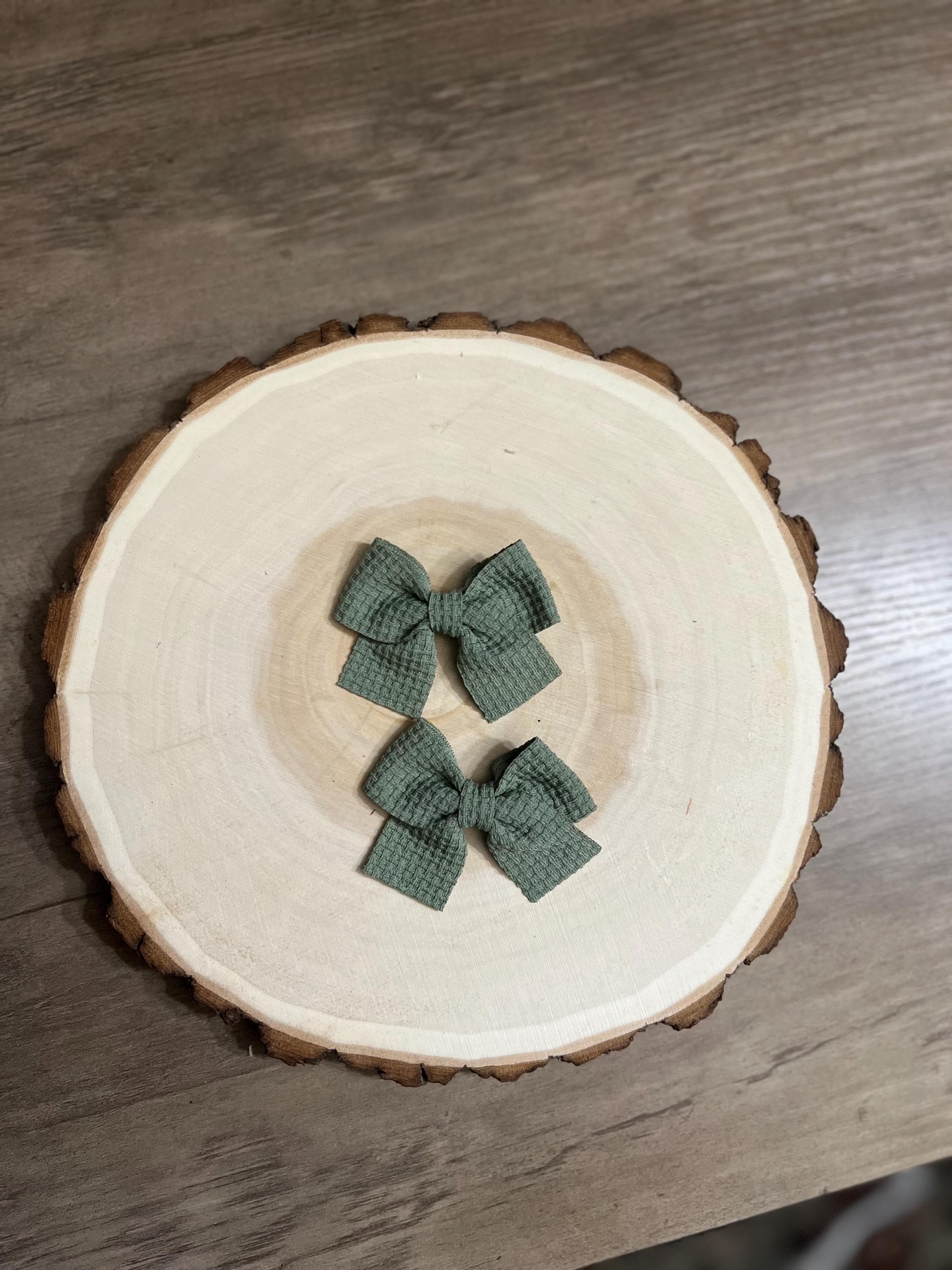 Handmade Sage Green Waffle Knit Hair Bow Clips Set of 2, view 2