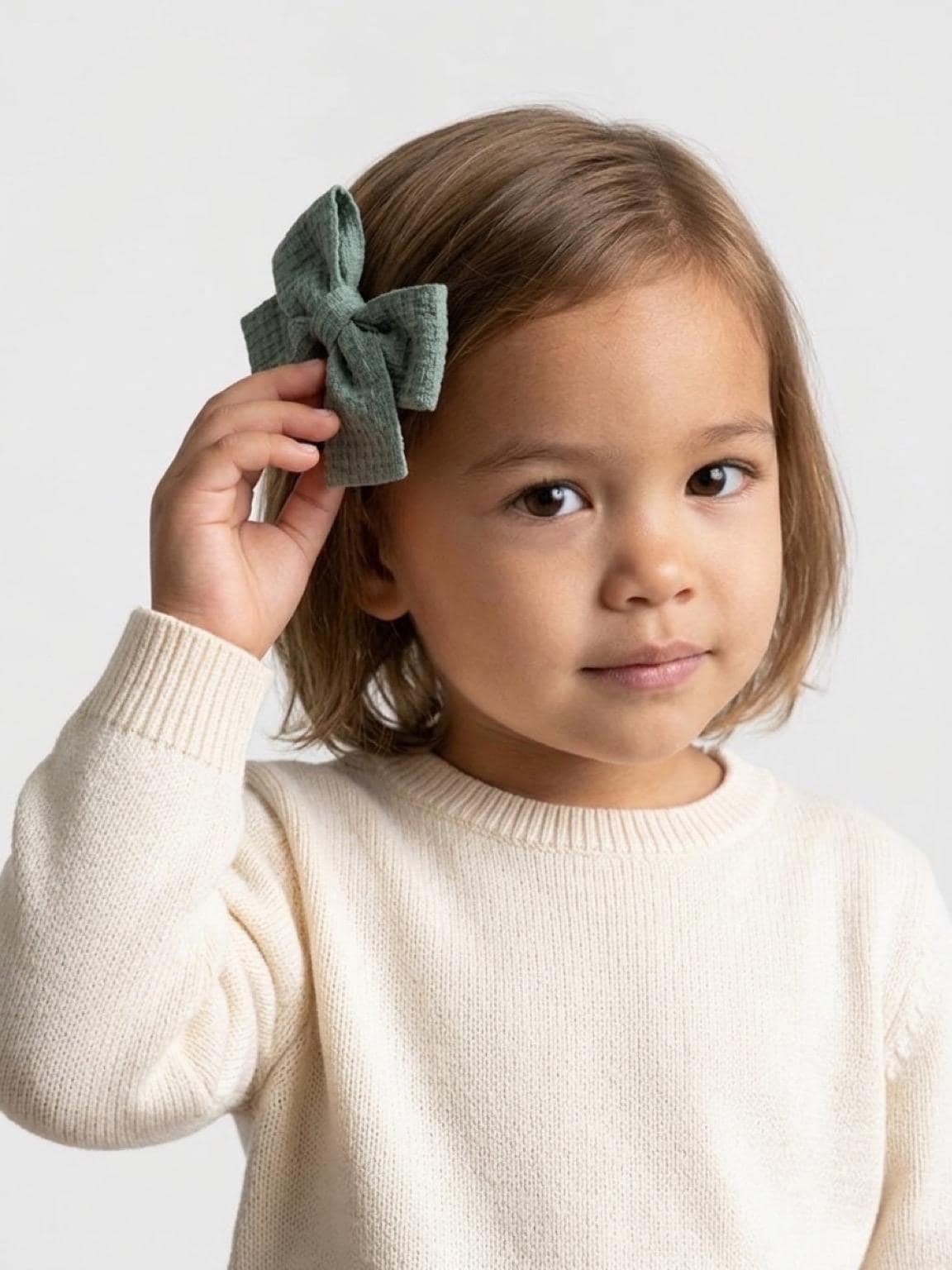 Handmade Sage Green Waffle Knit Hair Bow Clips Set of 2, view 3