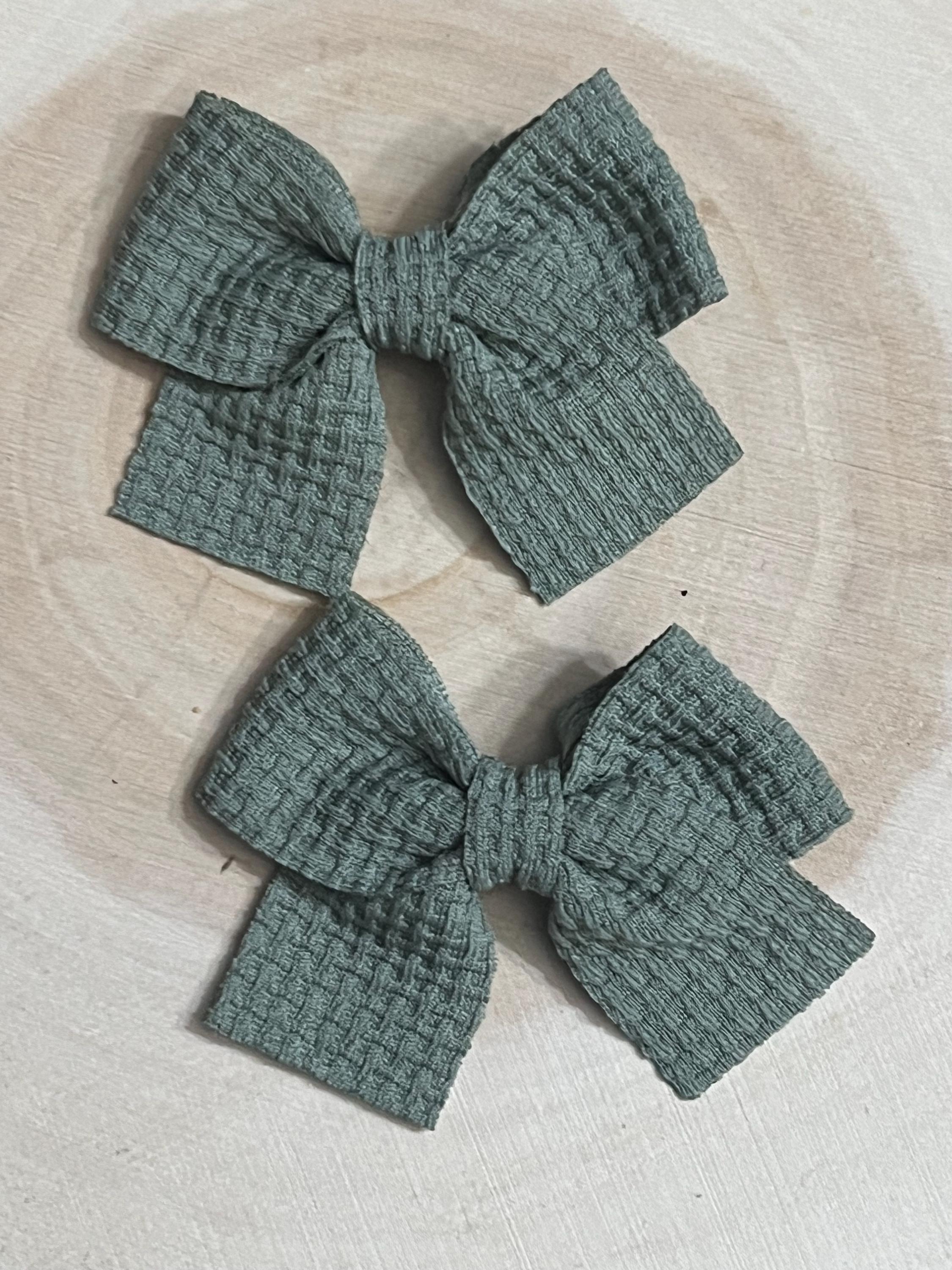Handmade Sage Green Waffle Knit Hair Bow Clips Set of 2, view 4