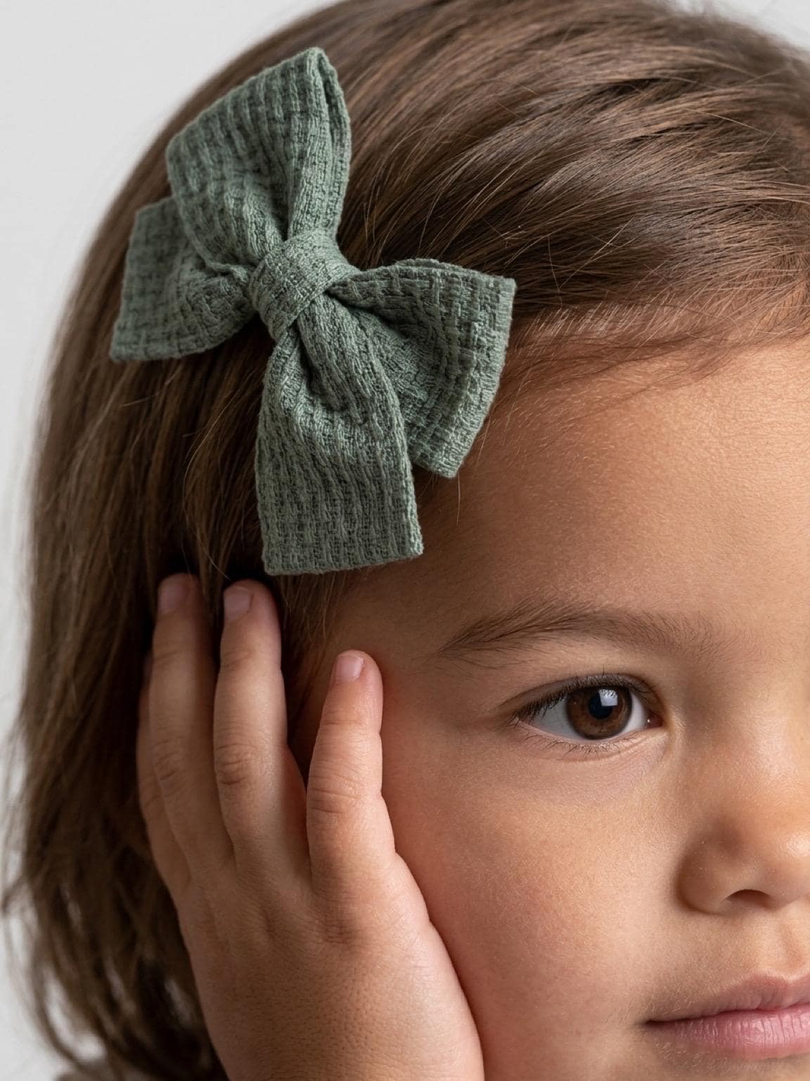 Handmade Sage Green Waffle Knit Hair Bow Clips Set of 2, view 5