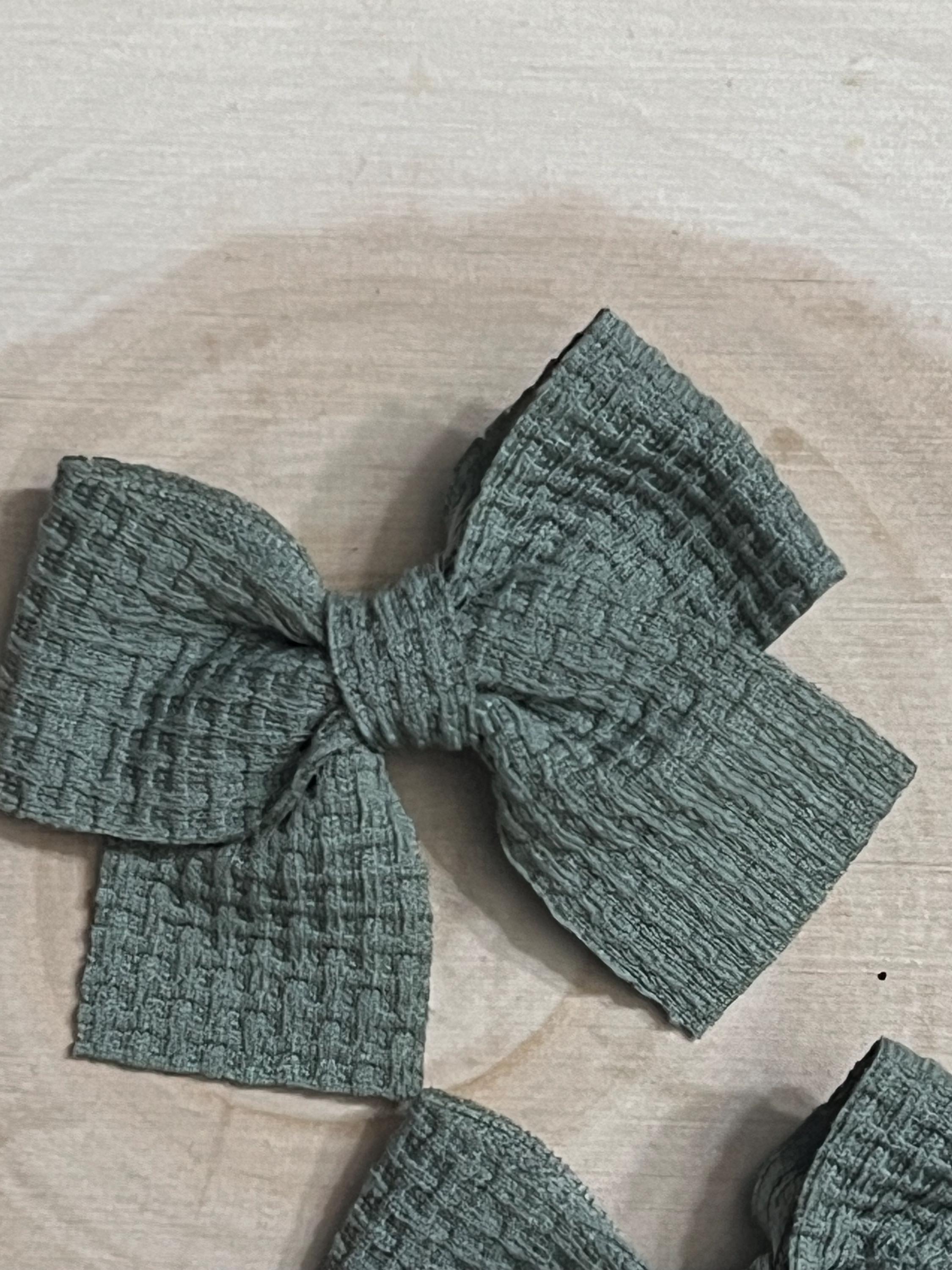 Handmade Sage Green Waffle Knit Hair Bow Clips Set of 2, view 6