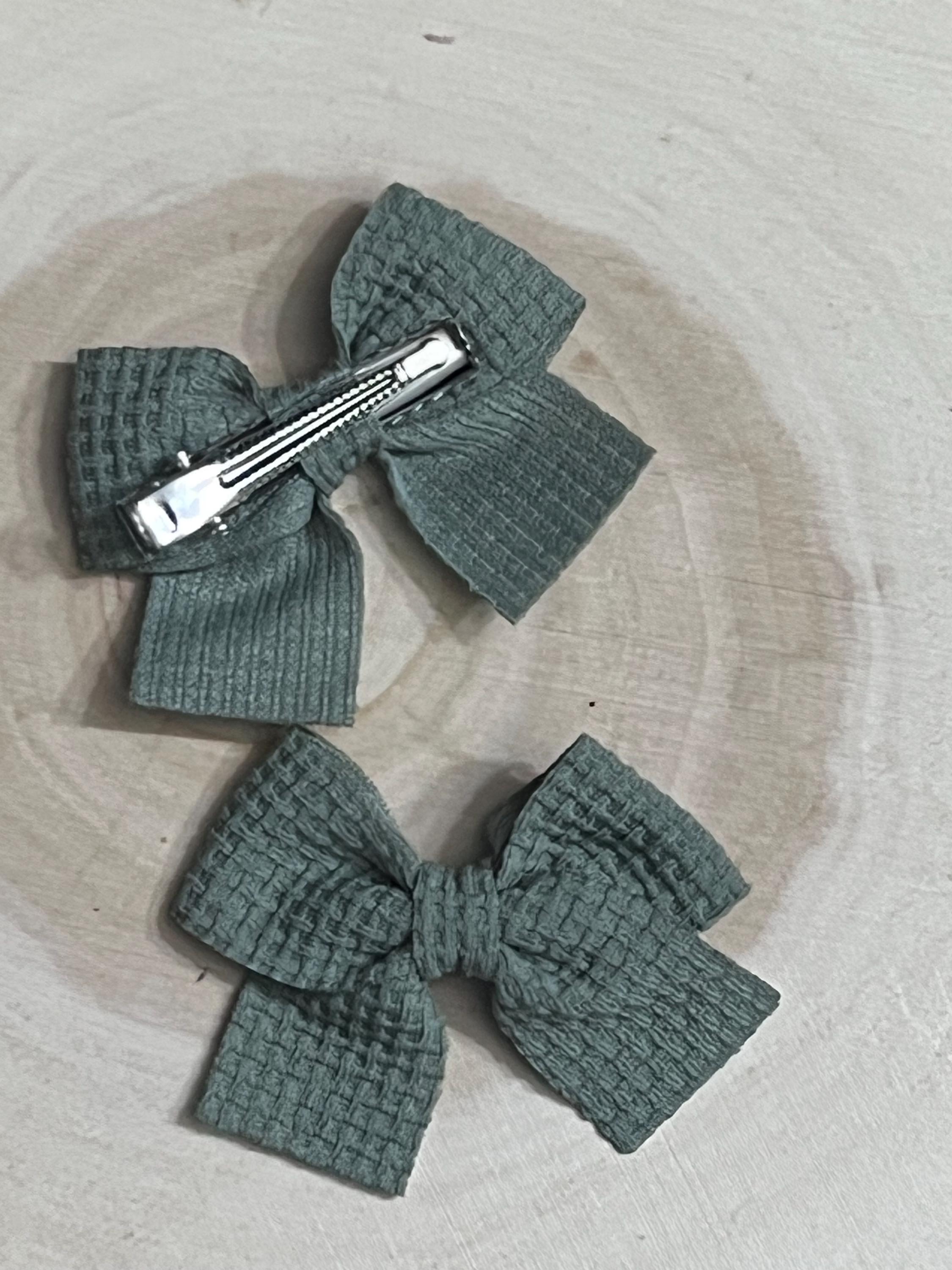 Handmade Sage Green Waffle Knit Hair Bow Clips Set of 2, view 7
