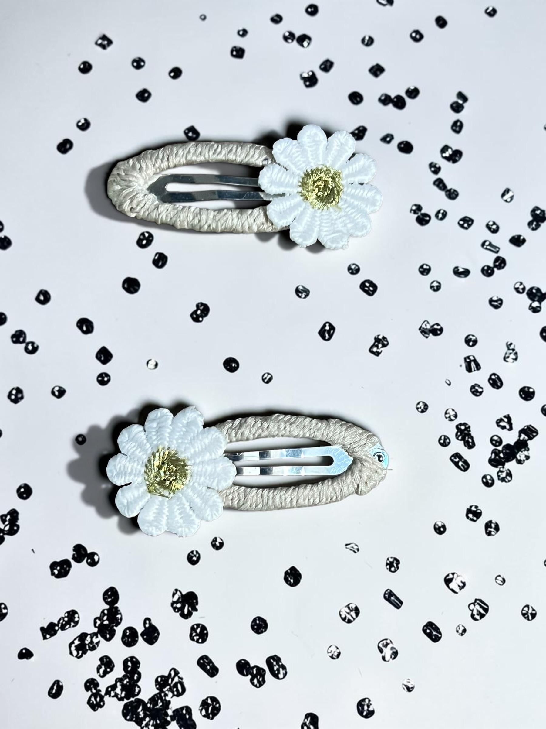 Handmade White Daisy Hair Clips Set of 2 Boho Floral Snap Hair Barrettes, view 2