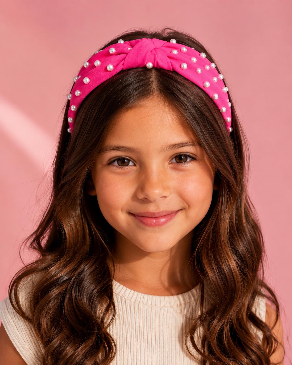Hot Pink Embellished Pearl Knotted Headband for Girls