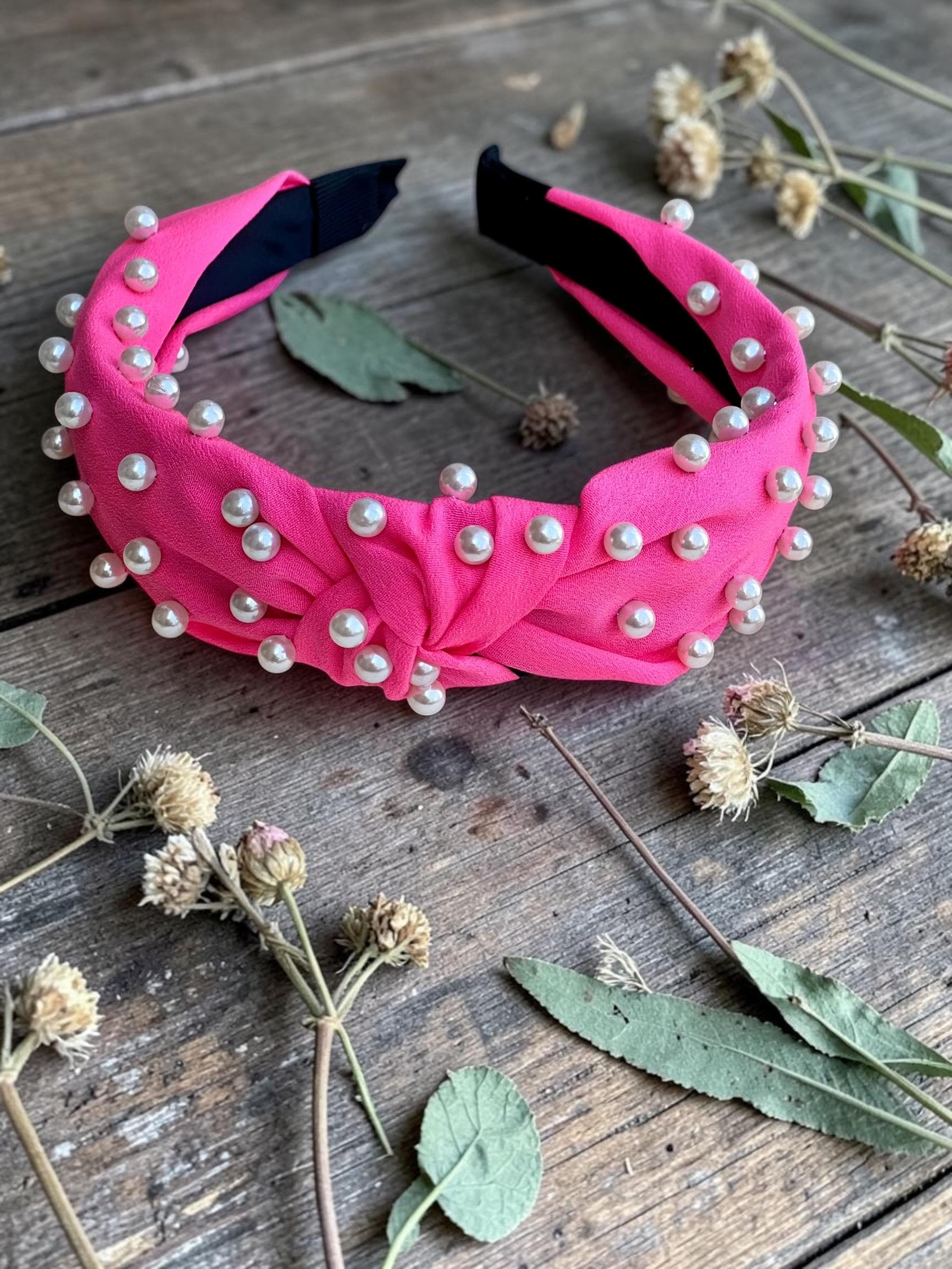 Hot Pink Embellished Pearl Knotted Headband for Girls, view 2