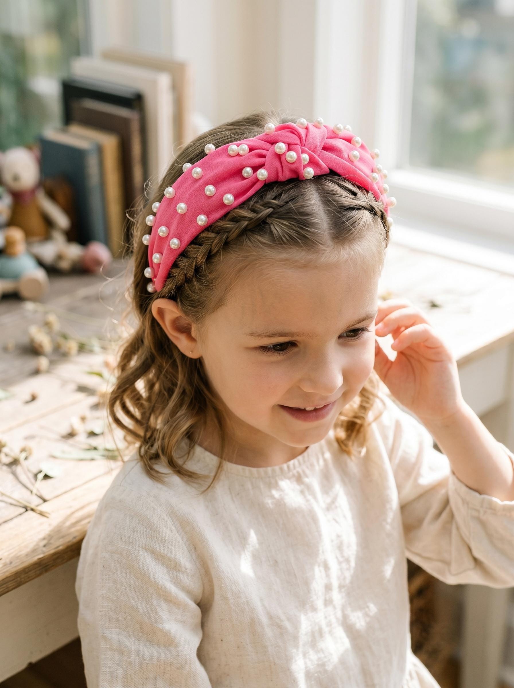 Hot Pink Embellished Pearl Knotted Headband for Girls, view 3