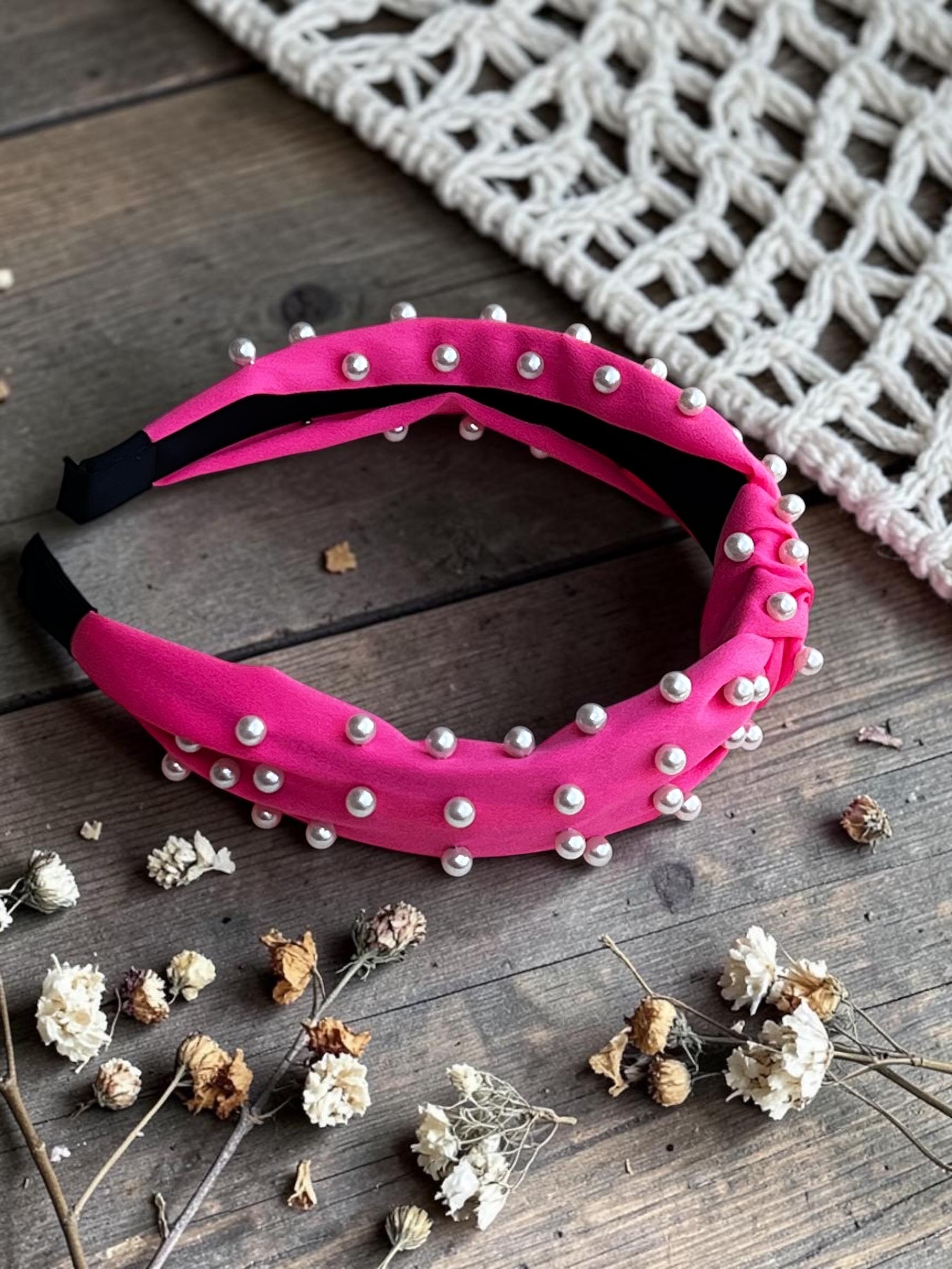 Hot Pink Embellished Pearl Knotted Headband for Girls, view 4