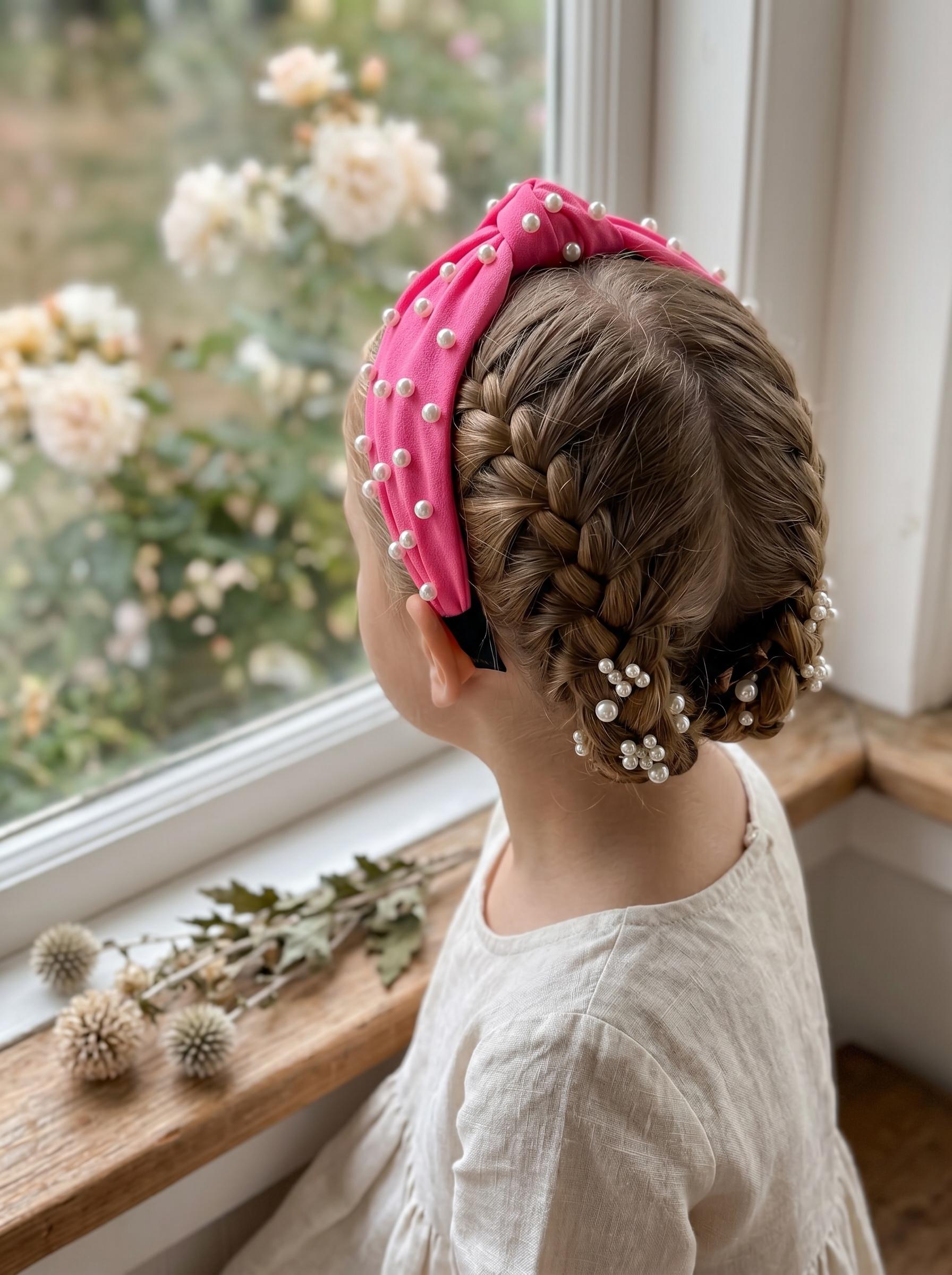 Hot Pink Embellished Pearl Knotted Headband for Girls, view 8