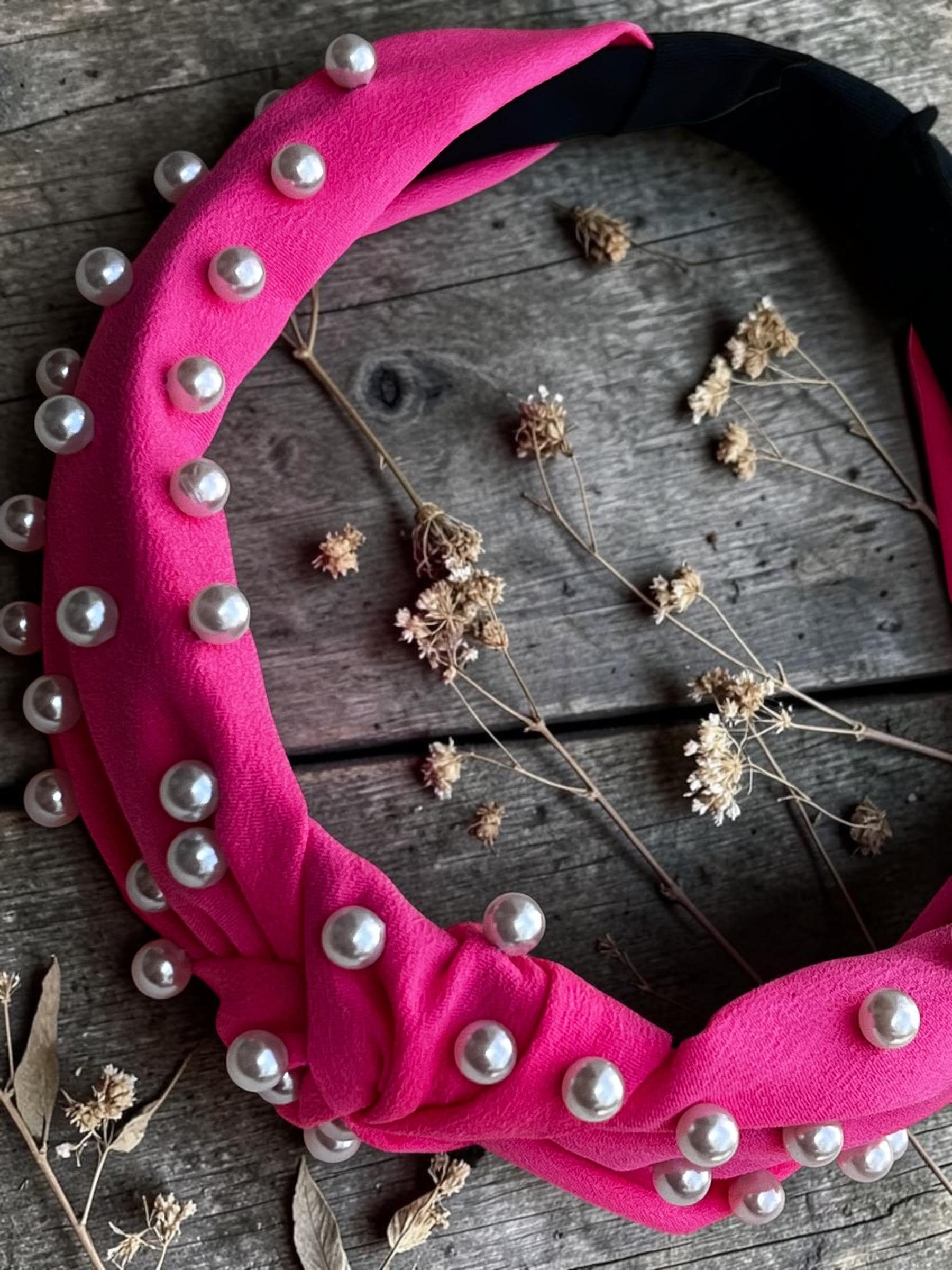 Hot Pink Embellished Pearl Knotted Headband for Girls, view 9