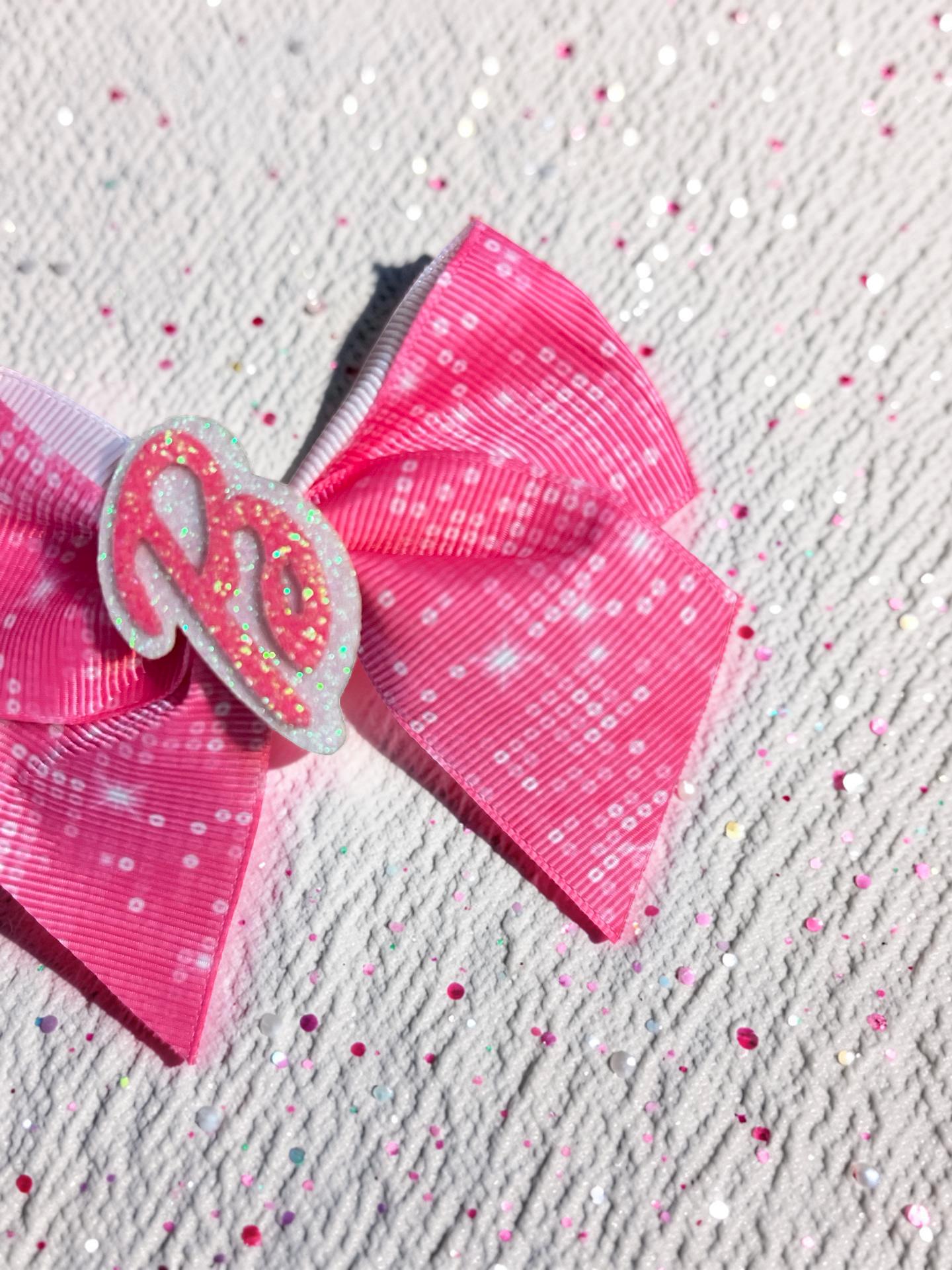 Hot Pink Glitter Barbie Inspired Hair Bow, view 4