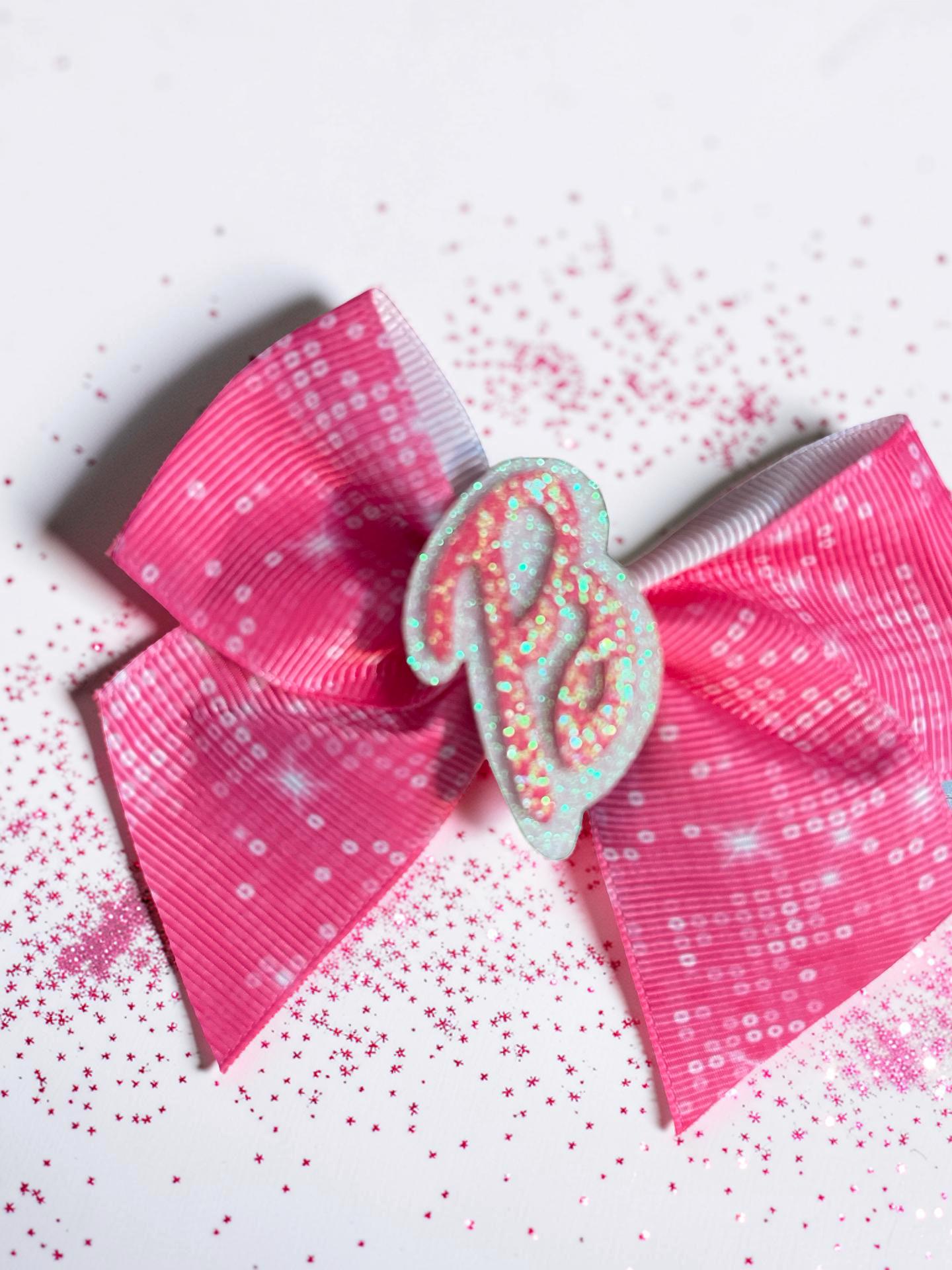 Hot Pink Glitter Barbie Inspired Hair Bow, view 6