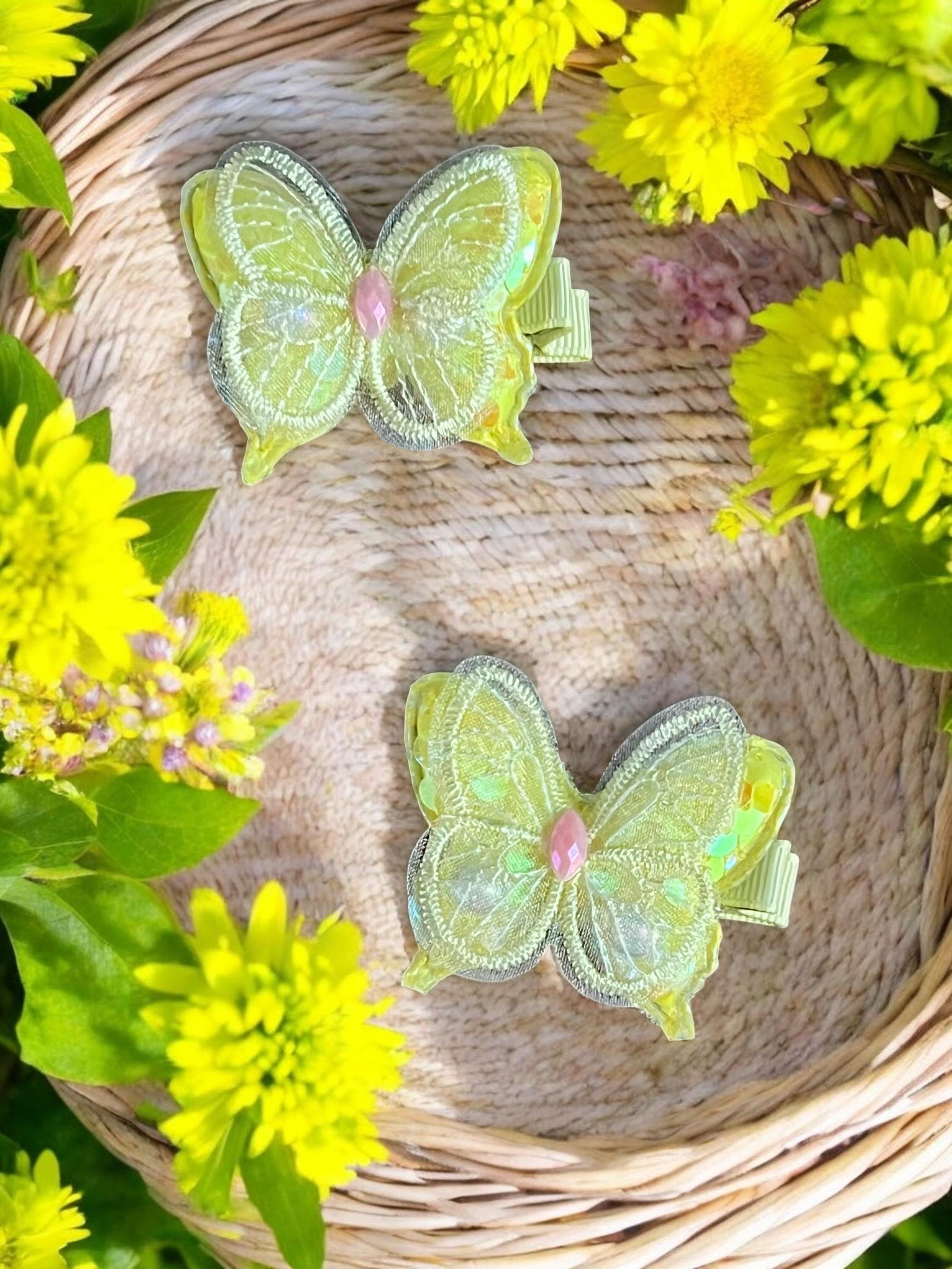 Iridescent Pastel yellow Butterfly Hair Clips - Set of 2, view 2
