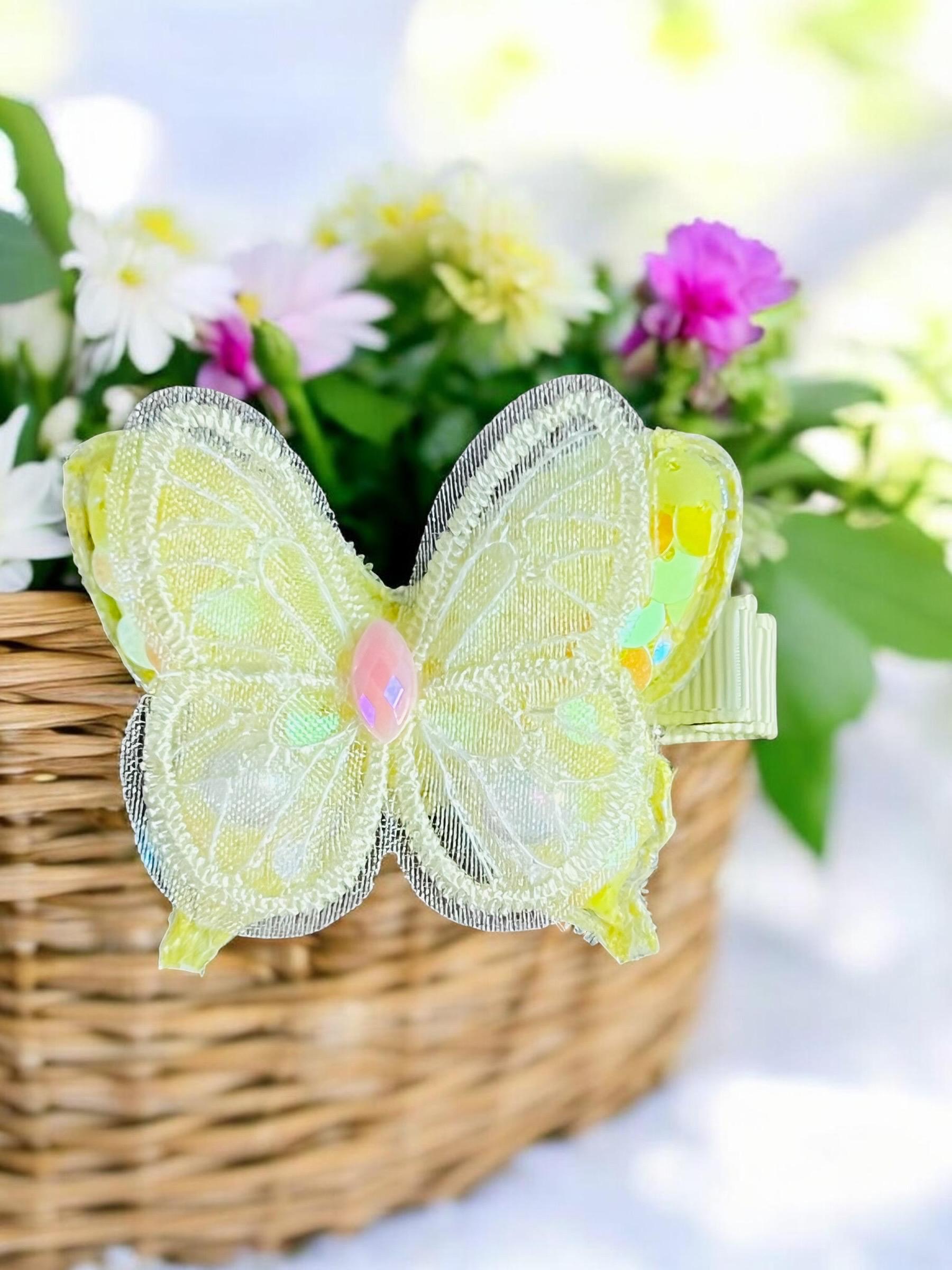 Iridescent Pastel yellow Butterfly Hair Clips - Set of 2, view 3