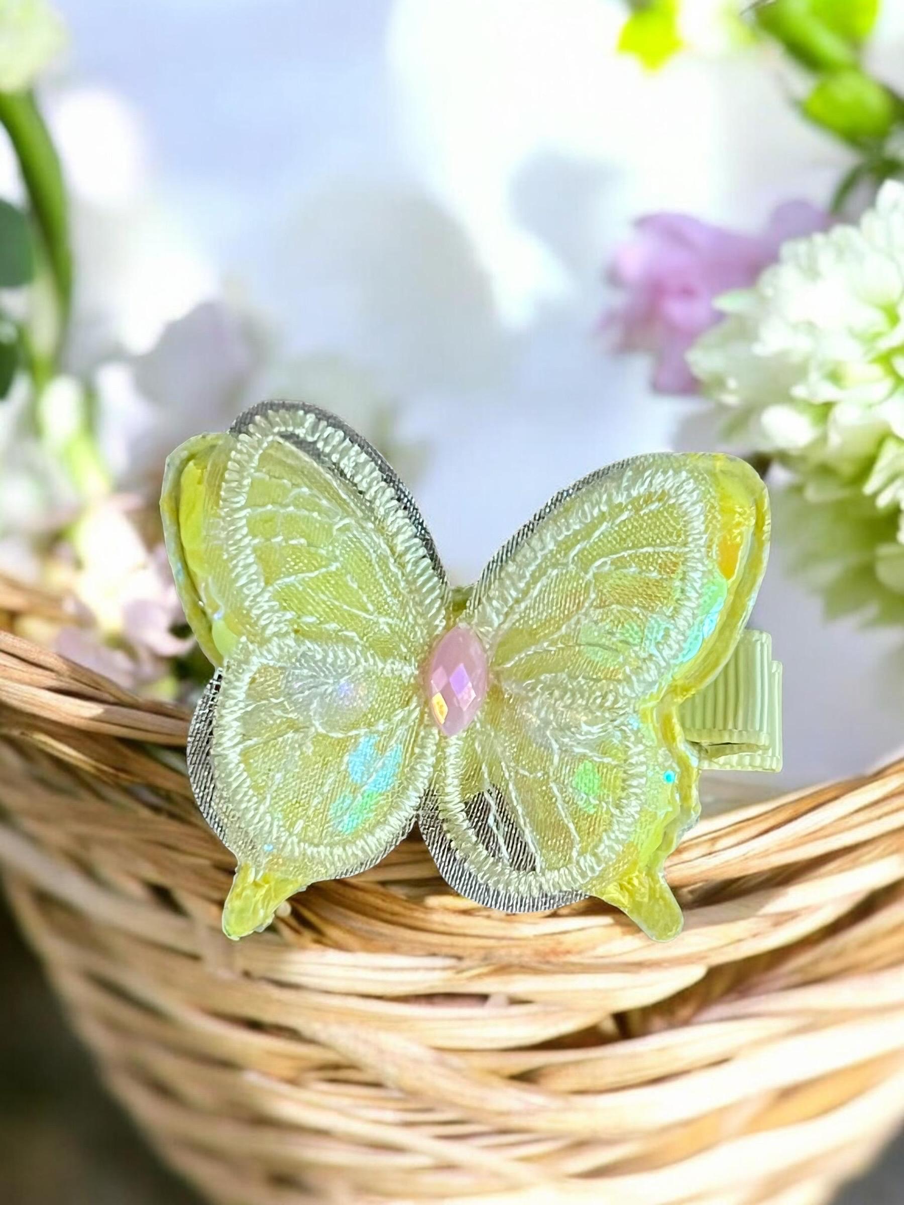 Iridescent Pastel yellow Butterfly Hair Clips - Set of 2, view 5