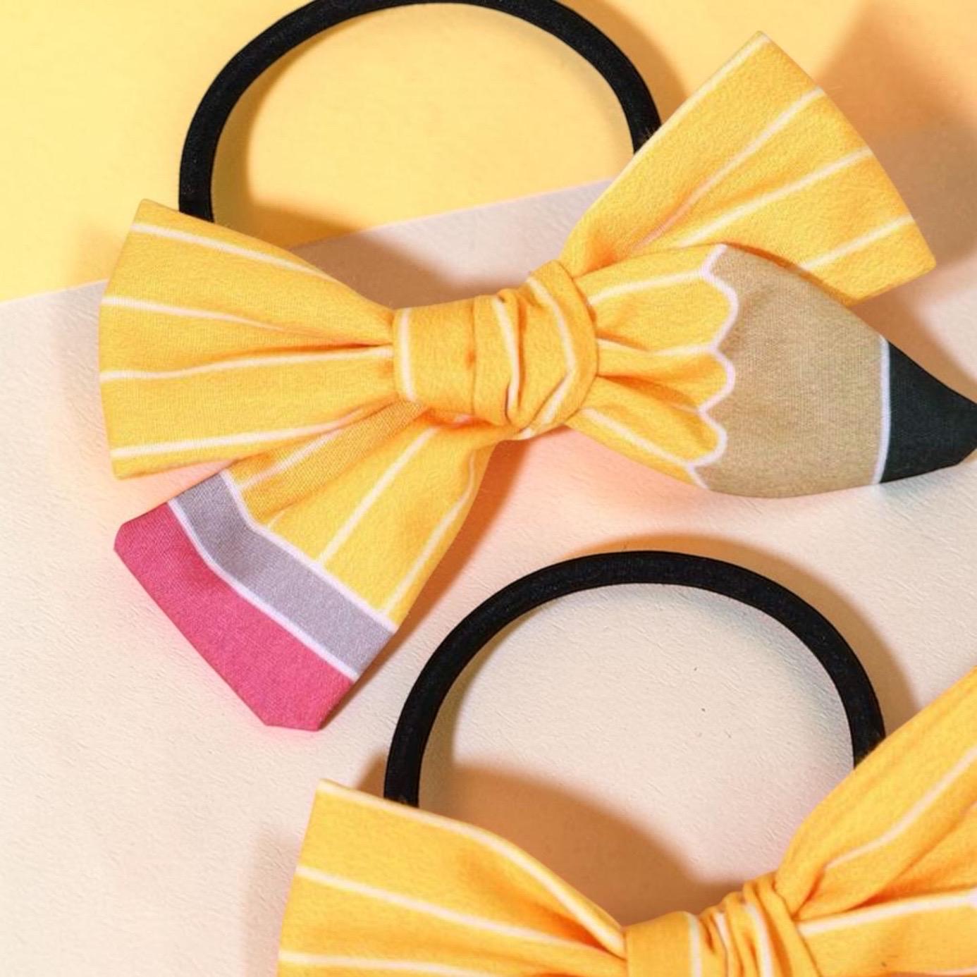 kids Handmade Pencil Hair Tie Back to School Bow Ponytail Holder, view 3