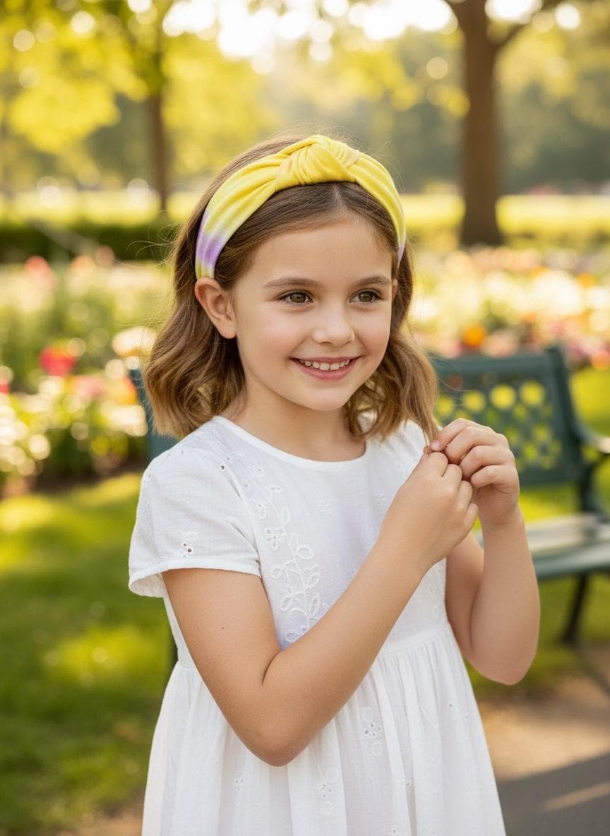 Kids Tie-Dye Knotted Headband in summer pastel yellow and purple